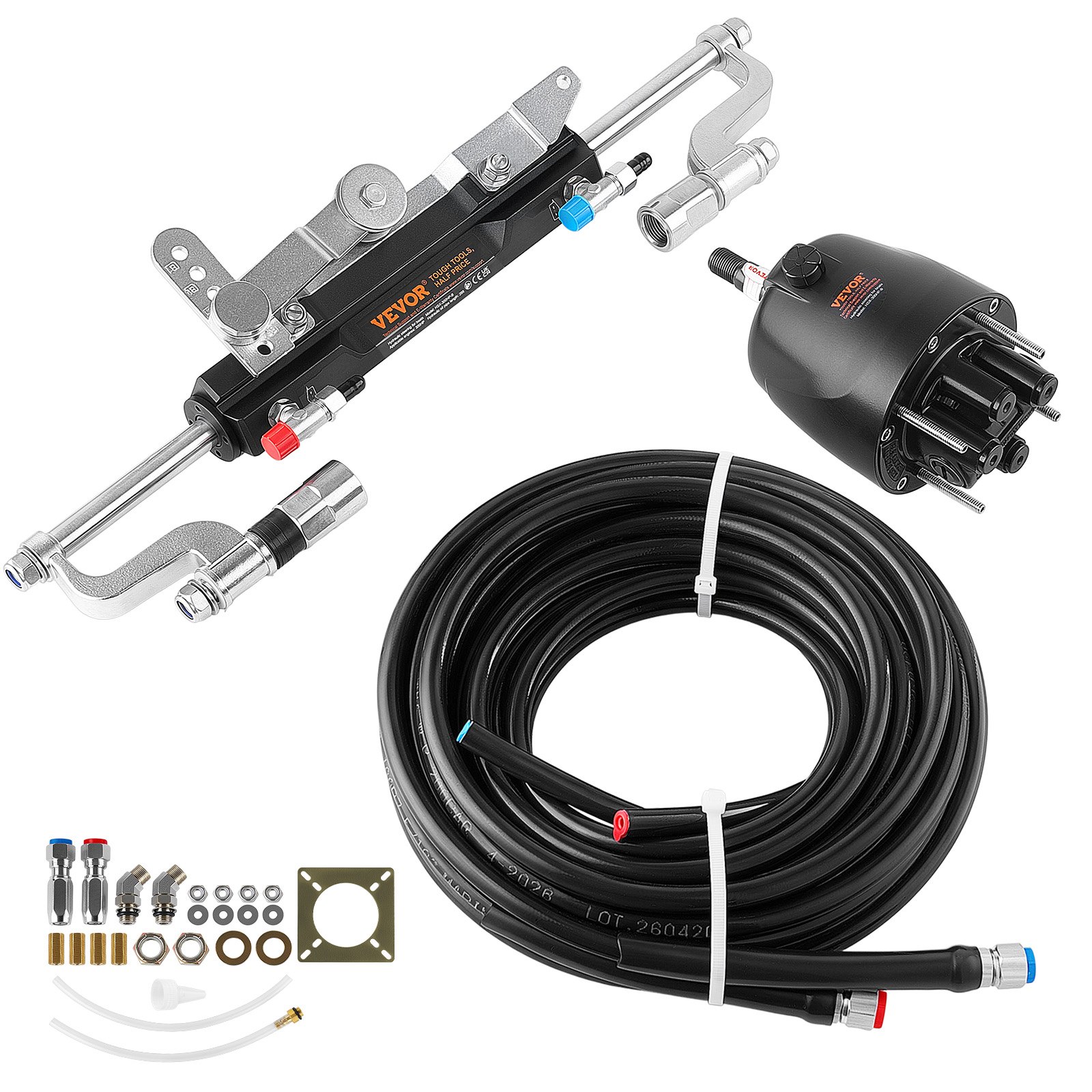 VEVOR Hydraulic Steering Kit 300HP Hydraulic Outboard Steering System 7.92m, Marine Boat Steering System, 2.5 MPa Helm Pump, Two-Way Lock Cylinder, 7.92 m High-Strength Hoses, for Single-Engine Use