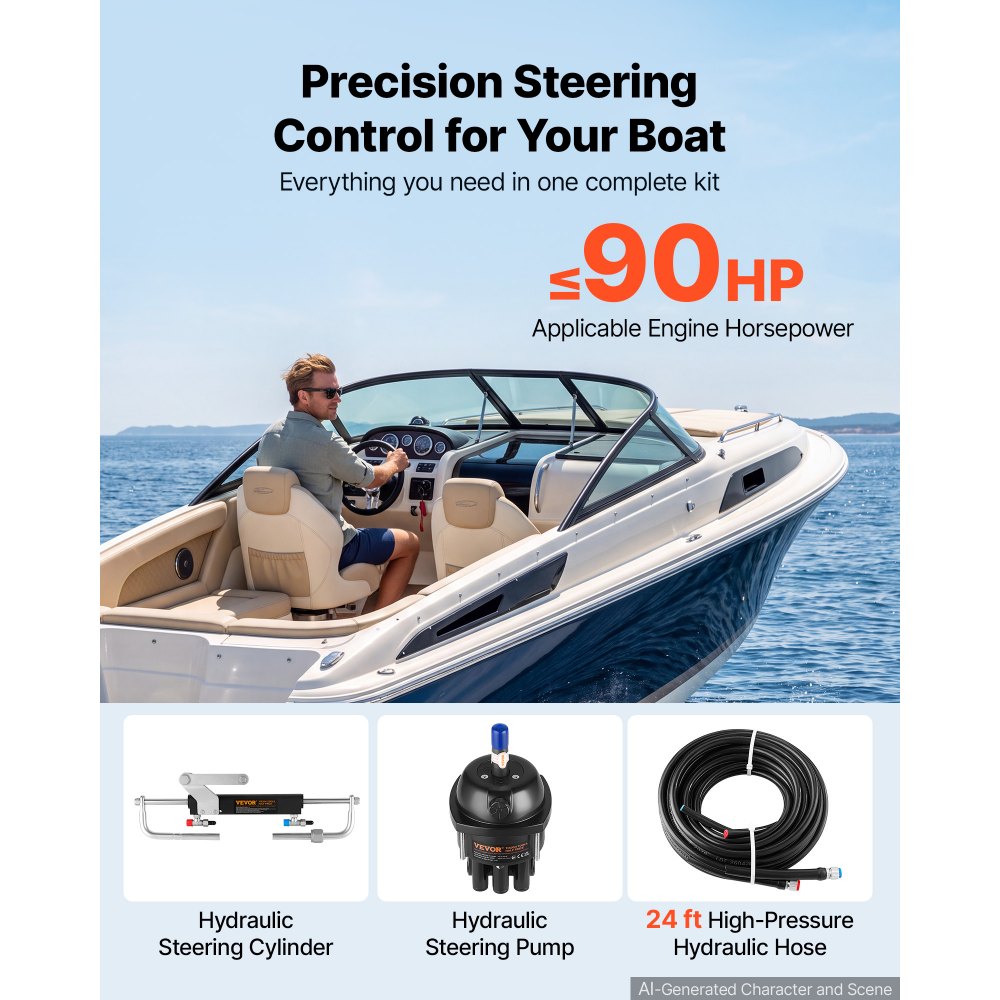 VEVOR Hydraulic Steering Kit 90HP Hydraulic Outboard Steering System 7.32m, Marine Boat Steering System, 2.5 MPa Helm Pump, Two-Way Lock Cylinder, 7.32 m High-Strength Hoses, for Single-Engine Use