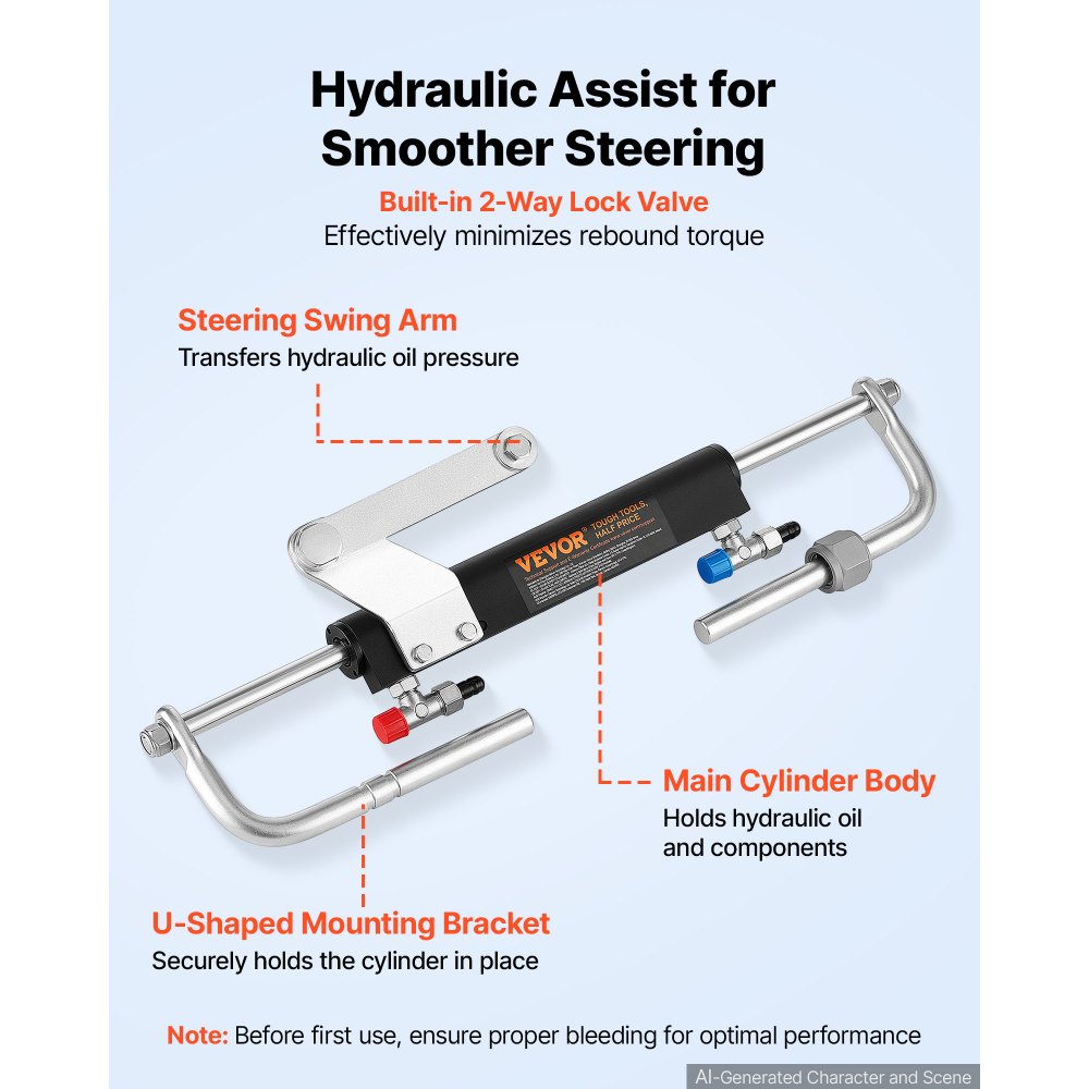 VEVOR Hydraulic Steering Kit 90HP Hydraulic Outboard Steering System 7.32m, Marine Boat Steering System, 2.5 MPa Helm Pump, Two-Way Lock Cylinder, 7.32 m High-Strength Hoses, for Single-Engine Use