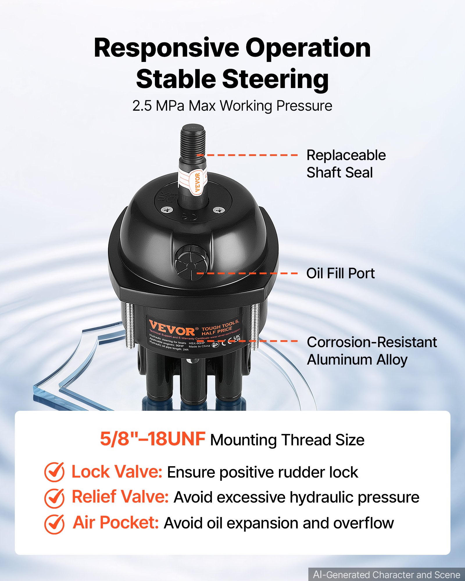 VEVOR Hydraulic Steering Kit 90HP Hydraulic Outboard Steering System 7.32m, Marine Boat Steering System, 2.5 MPa Helm Pump, Two-Way Lock Cylinder, 7.32 m High-Strength Hoses, for Single-Engine Use
