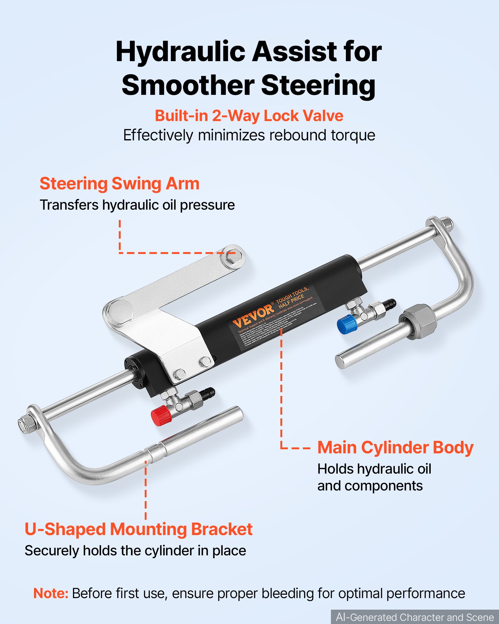 VEVOR Hydraulic Steering Kit 90HP Hydraulic Outboard Steering System 7.32m, Marine Boat Steering System, 2.5 MPa Helm Pump, Two-Way Lock Cylinder, 7.32 m High-Strength Hoses, for Single-Engine Use