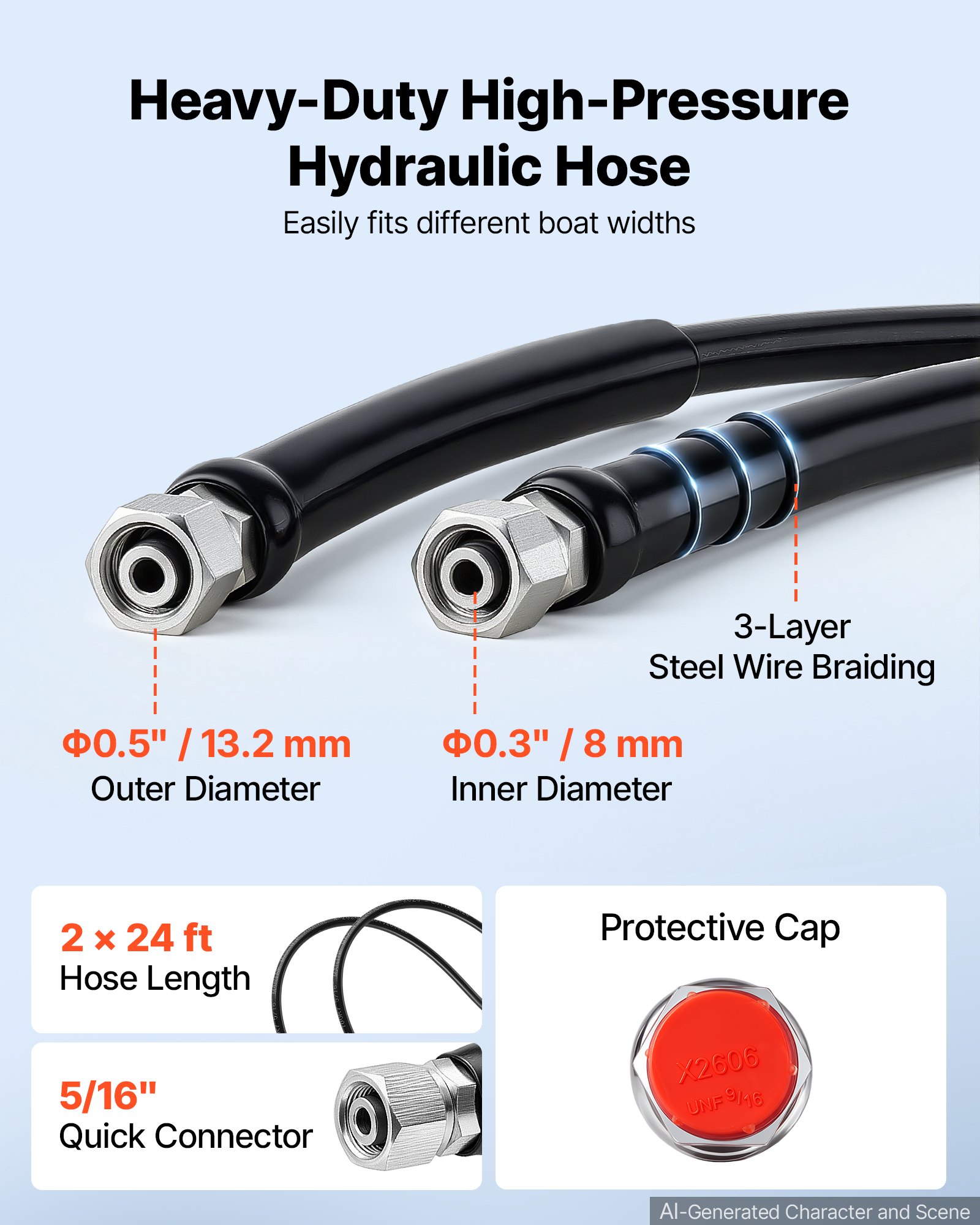VEVOR Hydraulic Steering Kit 90HP Hydraulic Outboard Steering System 7.32m, Marine Boat Steering System, 2.5 MPa Helm Pump, Two-Way Lock Cylinder, 7.32 m High-Strength Hoses, for Single-Engine Use
