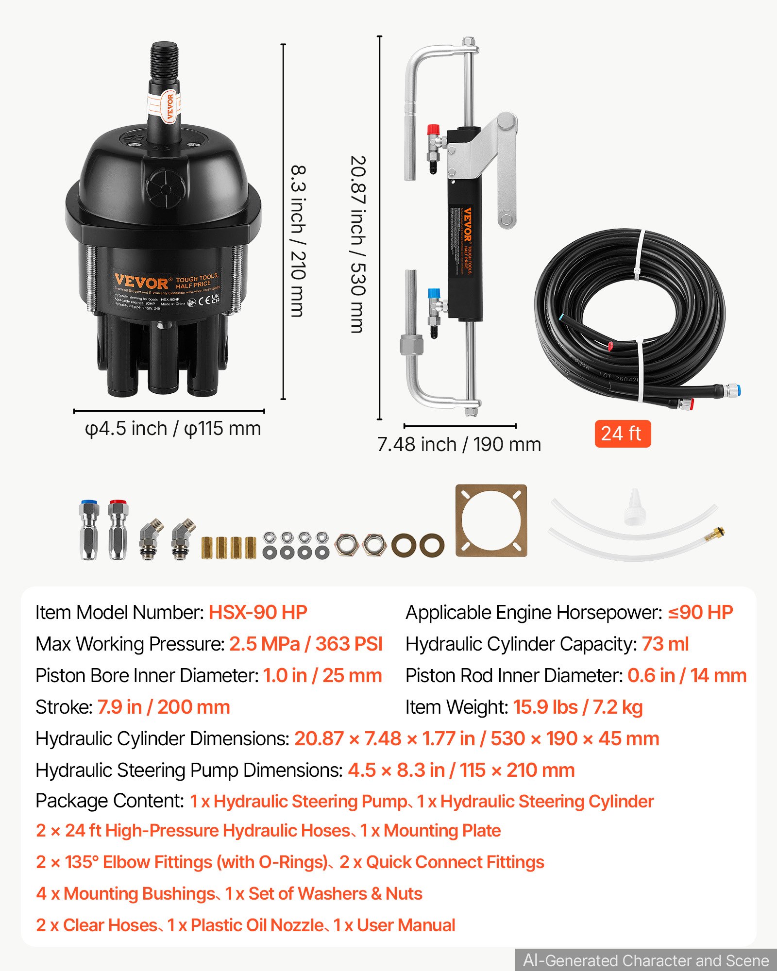 VEVOR Hydraulic Steering Kit 90HP Hydraulic Outboard Steering System 7.32m, Marine Boat Steering System, 2.5 MPa Helm Pump, Two-Way Lock Cylinder, 7.32 m High-Strength Hoses, for Single-Engine Use