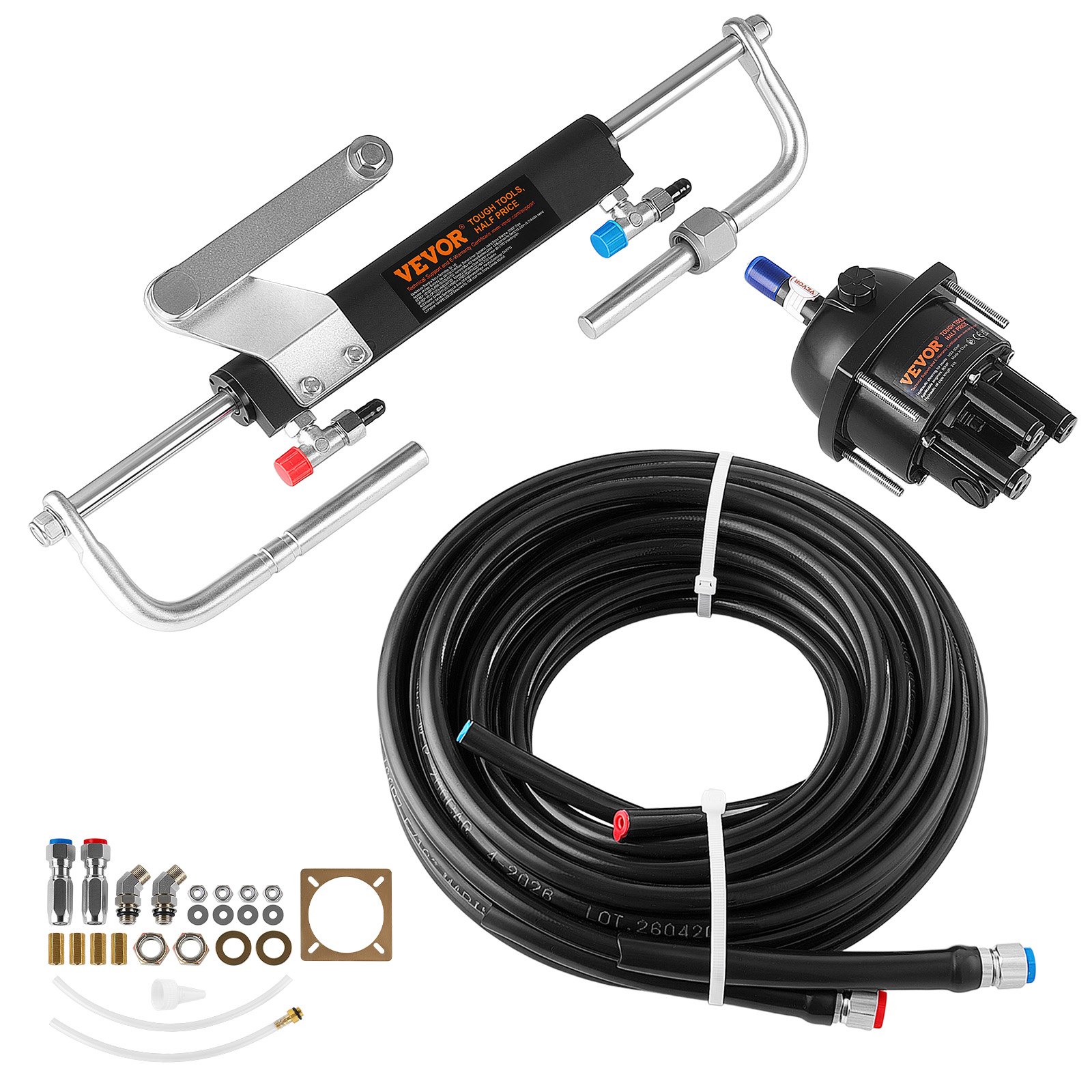 VEVOR Hydraulic Steering Kit 90HP Hydraulic Outboard Steering System 7.32m, Marine Boat Steering System, 2.5 MPa Helm Pump, Two-Way Lock Cylinder, 7.32 m High-Strength Hoses, for Single-Engine Use