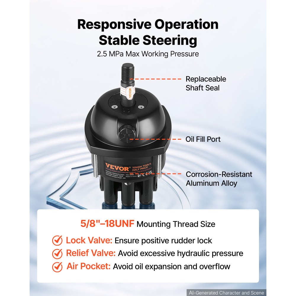 VEVOR Hydraulic Steering Kit 90HP Hydraulic Outboard Steering System 6.1m, Marine Boat Steering System, 2.5 MPa Helm Pump, Two-Way Lock Cylinder, 6.1 m High-Strength Hoses, for Single-Engine Use
