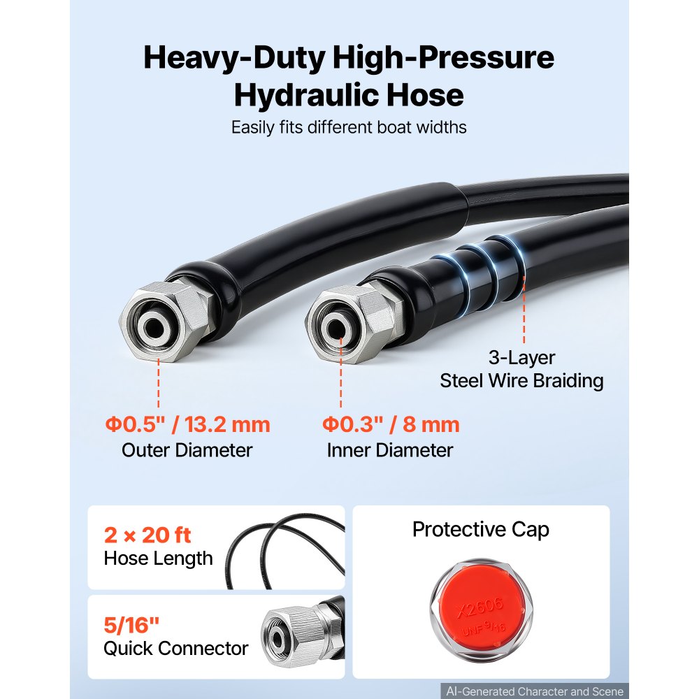 VEVOR Hydraulic Steering Kit 90HP Hydraulic Outboard Steering System 6.1m, Marine Boat Steering System, 2.5 MPa Helm Pump, Two-Way Lock Cylinder, 6.1 m High-Strength Hoses, for Single-Engine Use