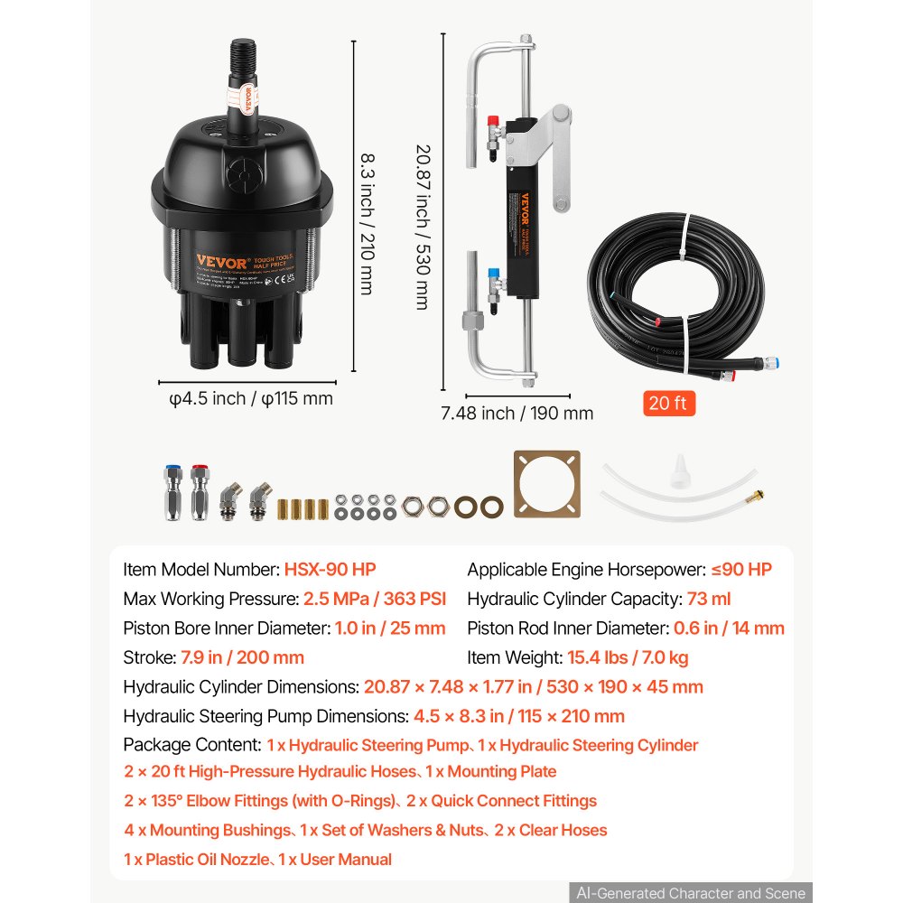 VEVOR Hydraulic Steering Kit 90HP Hydraulic Outboard Steering System 6.1m, Marine Boat Steering System, 2.5 MPa Helm Pump, Two-Way Lock Cylinder, 6.1 m High-Strength Hoses, for Single-Engine Use