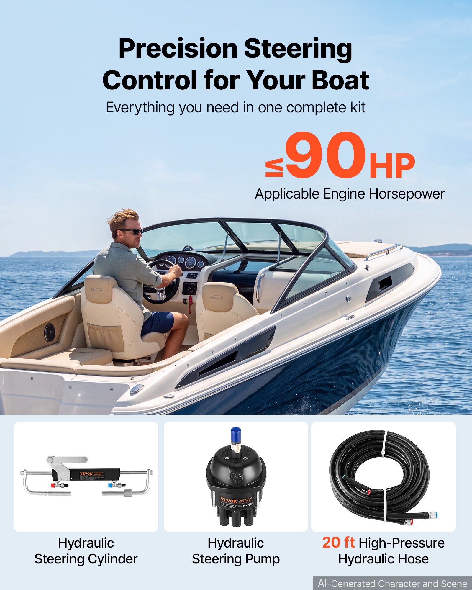 VEVOR Hydraulic Steering Kit 90HP Hydraulic Outboard Steering System 6.1m, Marine Boat Steering System, 2.5 MPa Helm Pump, Two-Way Lock Cylinder, 6.1 m High-Strength Hoses, for Single-Engine Use