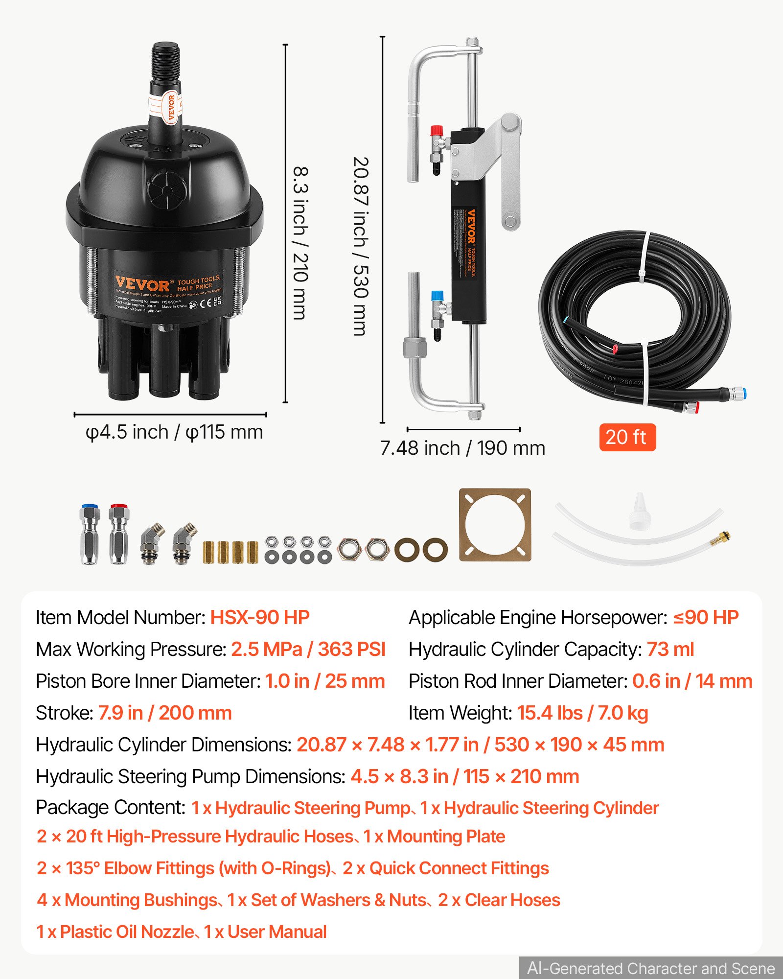 VEVOR Hydraulic Steering Kit 90HP Hydraulic Outboard Steering System 6.1m, Marine Boat Steering System, 2.5 MPa Helm Pump, Two-Way Lock Cylinder, 6.1 m High-Strength Hoses, for Single-Engine Use