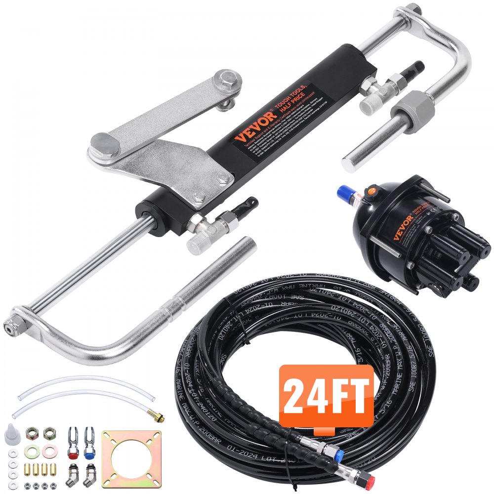 VEVOR hydraulic outboard steering kit with 24ft hose, helm pump, and fittings shown in detail.