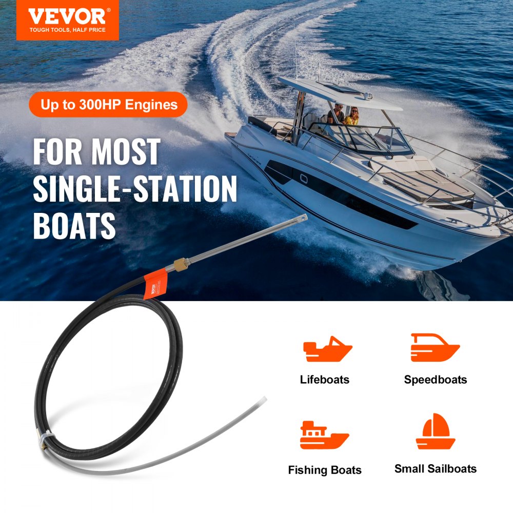 VEVOR Boat Steering Cable, 17 Feet Outboard Marine Rotary Steering Cable, 1/2 Ton High Tensile Strength, Steel Steering Wheel Cable Compatible with Most Single-Station Outboard Steering Systems