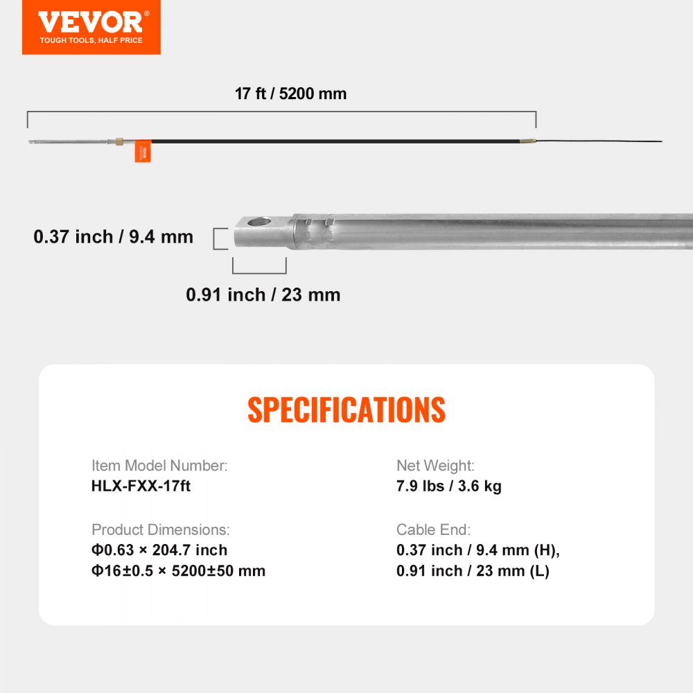 VEVOR Boat Steering Cable, 17 Feet Outboard Marine Rotary Steering Cable, 1/2 Ton High Tensile Strength, Steel Steering Wheel Cable Compatible with Most Single-Station Outboard Steering Systems