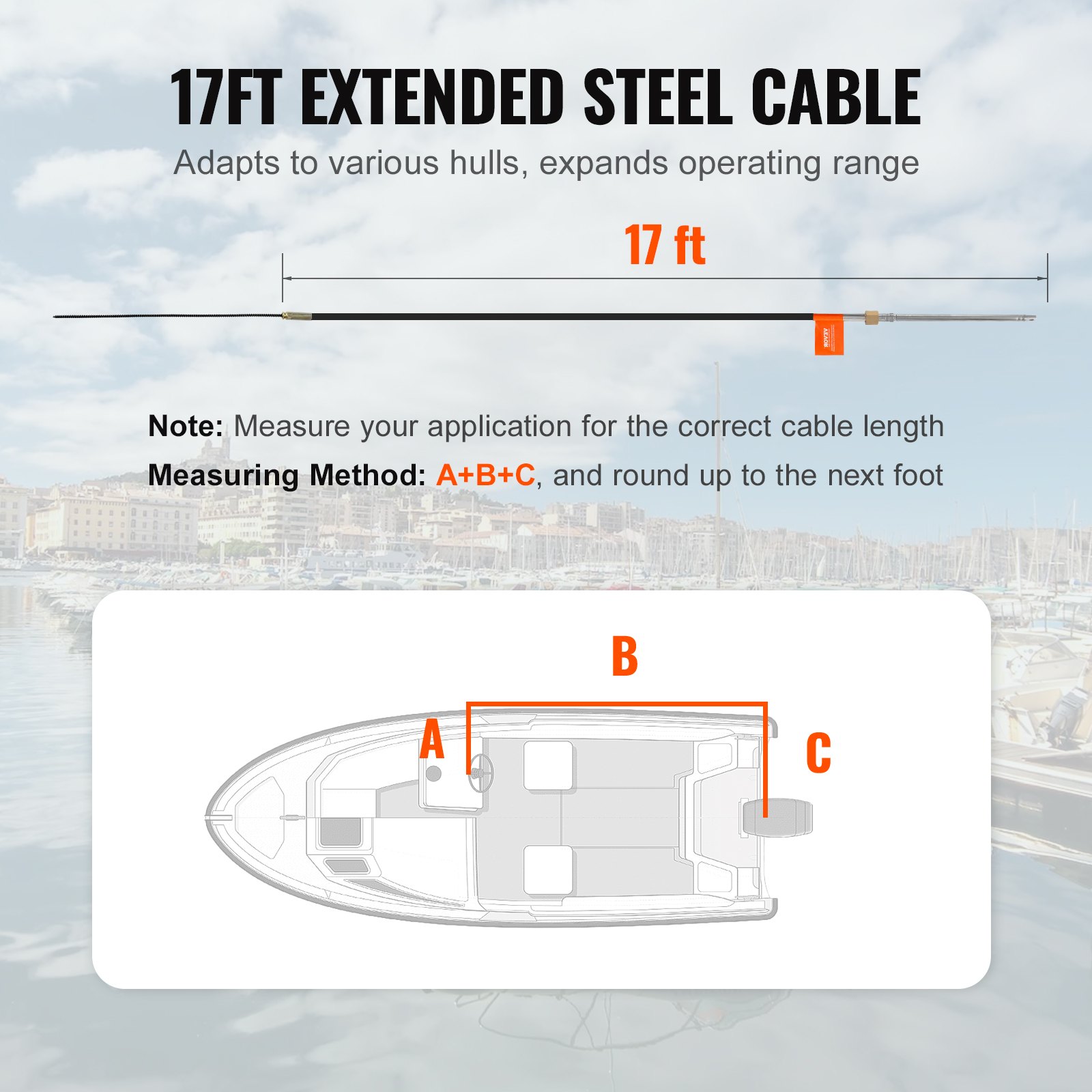 VEVOR Boat Steering Cable, 17 Feet Outboard Marine Rotary Steering Cable, 1/2 Ton High Tensile Strength, Steel Steering Wheel Cable Compatible with Most Single-Station Outboard Steering Systems