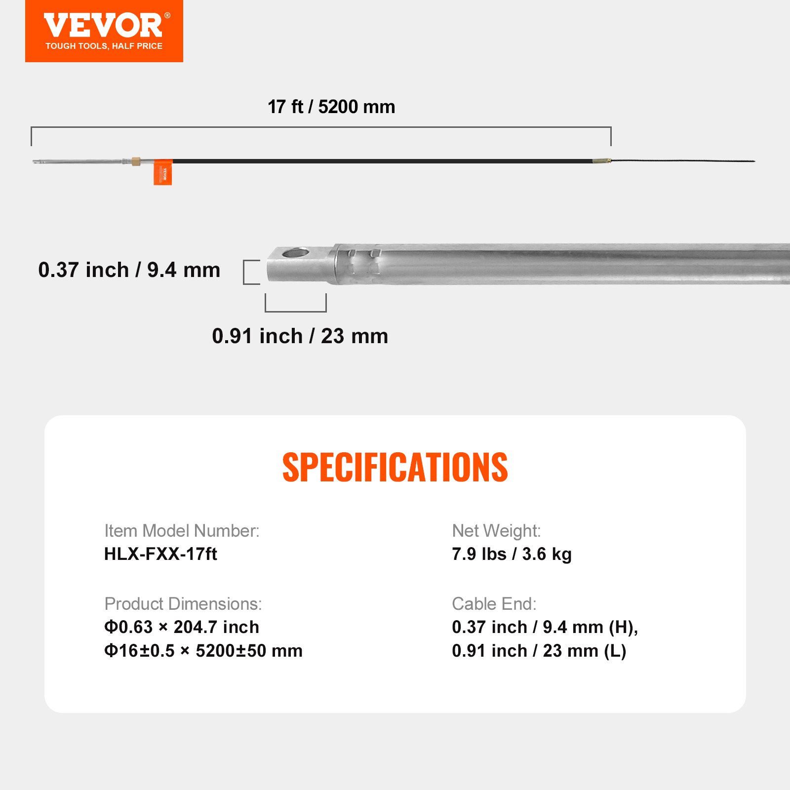 VEVOR Boat Steering Cable, 17 Feet Outboard Marine Rotary Steering Cable, 1/2 Ton High Tensile Strength, Steel Steering Wheel Cable Compatible with Most Single-Station Outboard Steering Systems