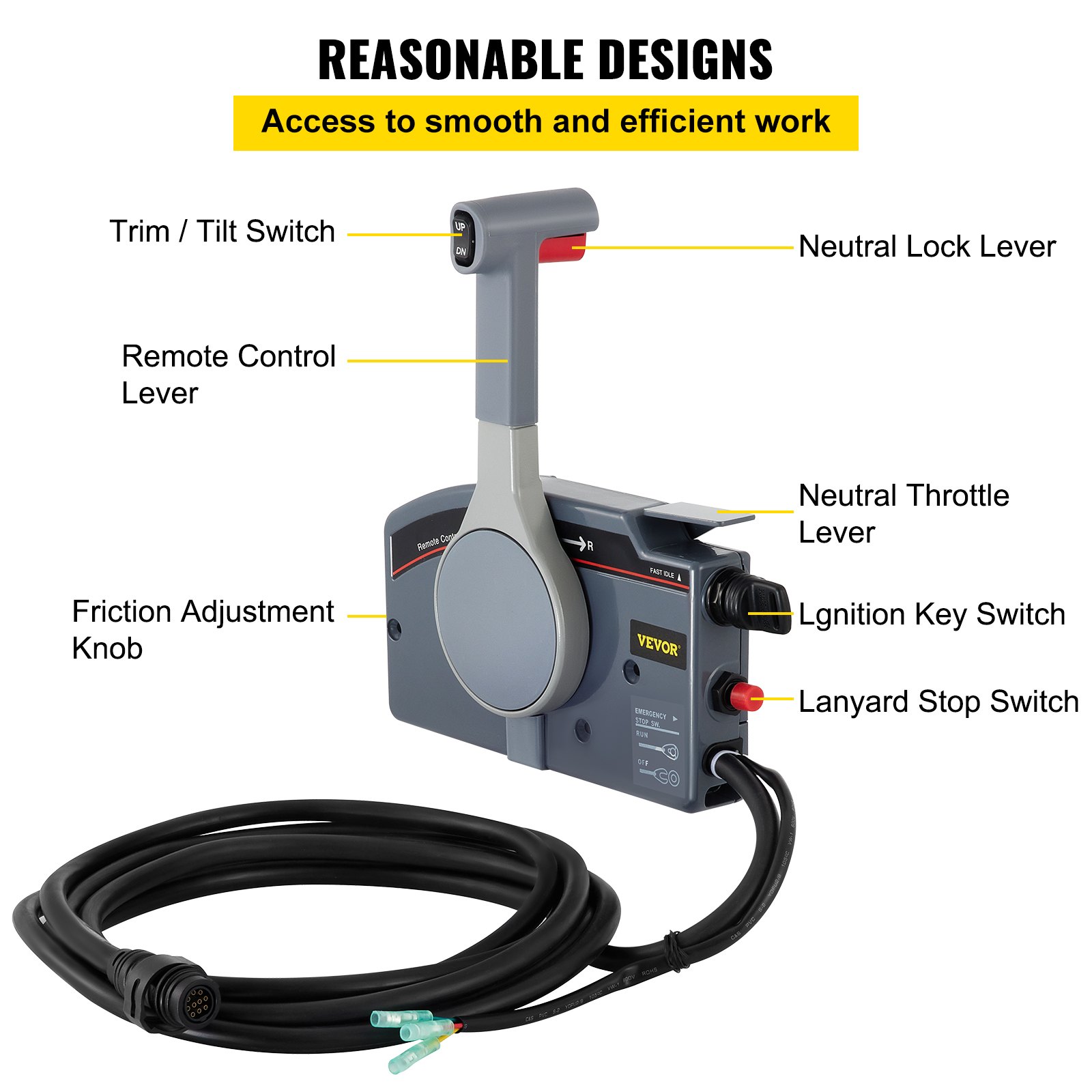 VEVOR Outboard Remote Control Box Side Mount Outboard Motor Fits for 703 Yamaha Outboards Push Throttle 10 Pin Cable 19.6 Feet Harness OEM 703-48205-16-00