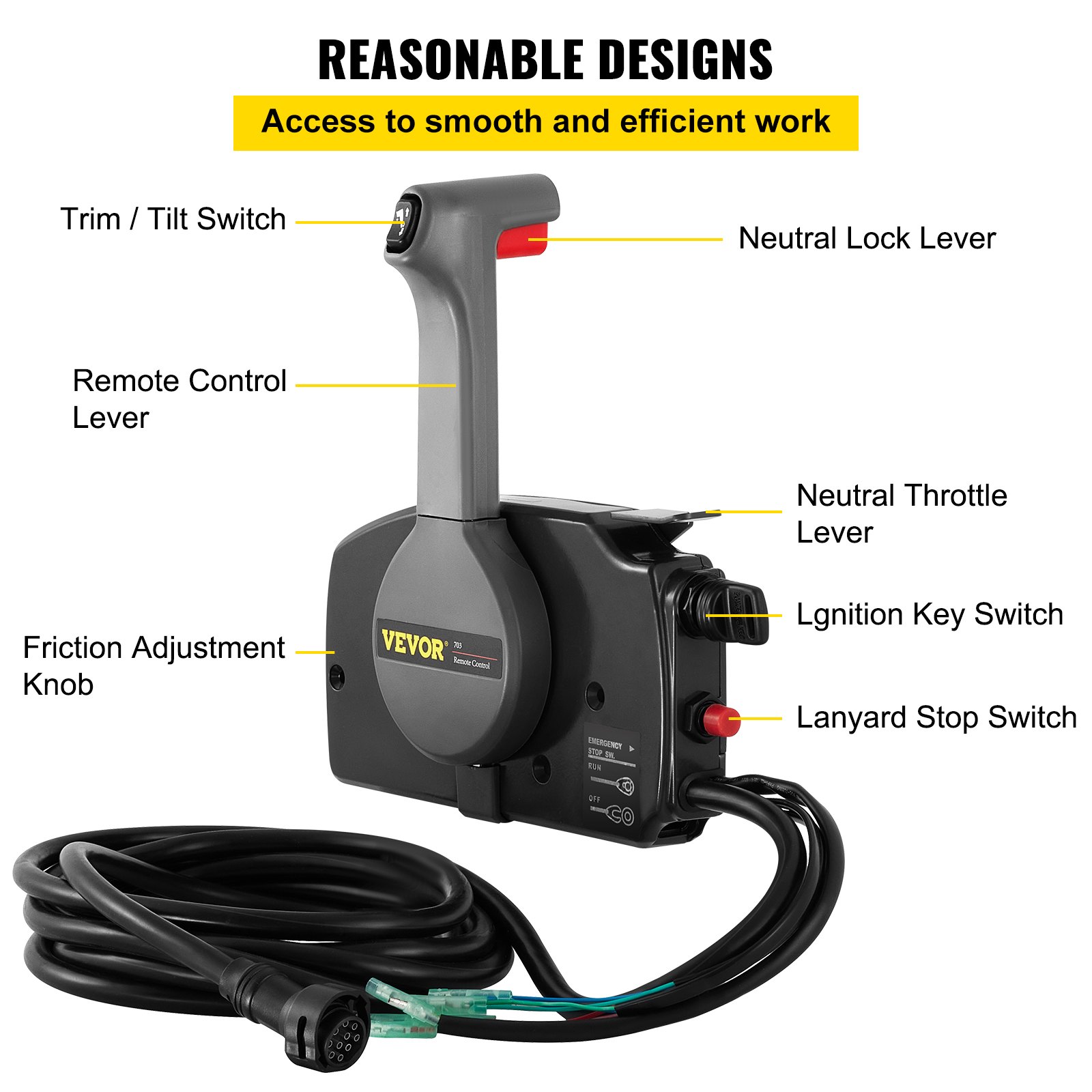 VEVOR Boat Throttle Control  Outboard Remote Control Box +10 Pin Cable Boat Control Box Smooth Control with Emergency Cord & Clip For Yamaha Outboard