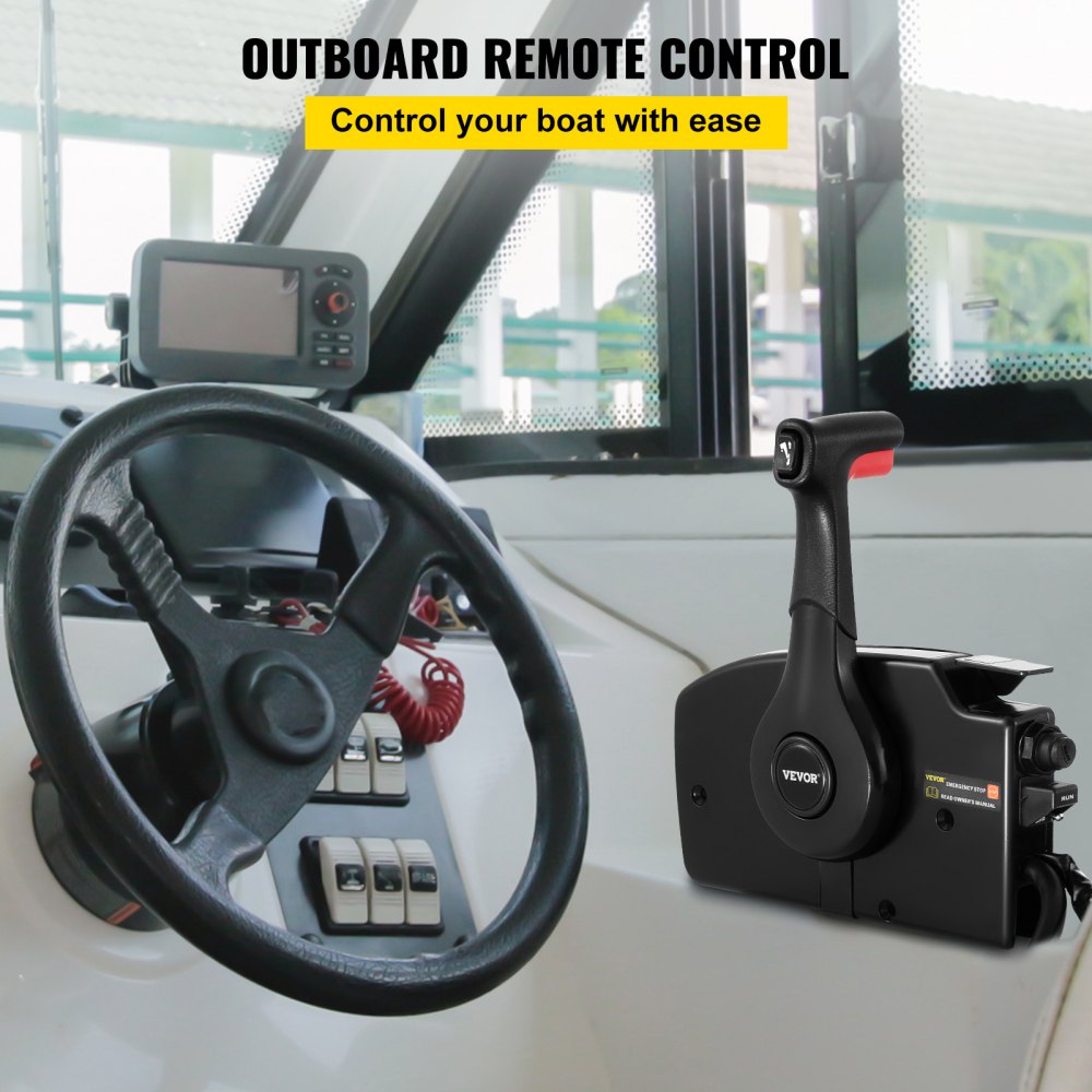 boat steering wheel with a VEVOR mercury remote control box and navigation device.