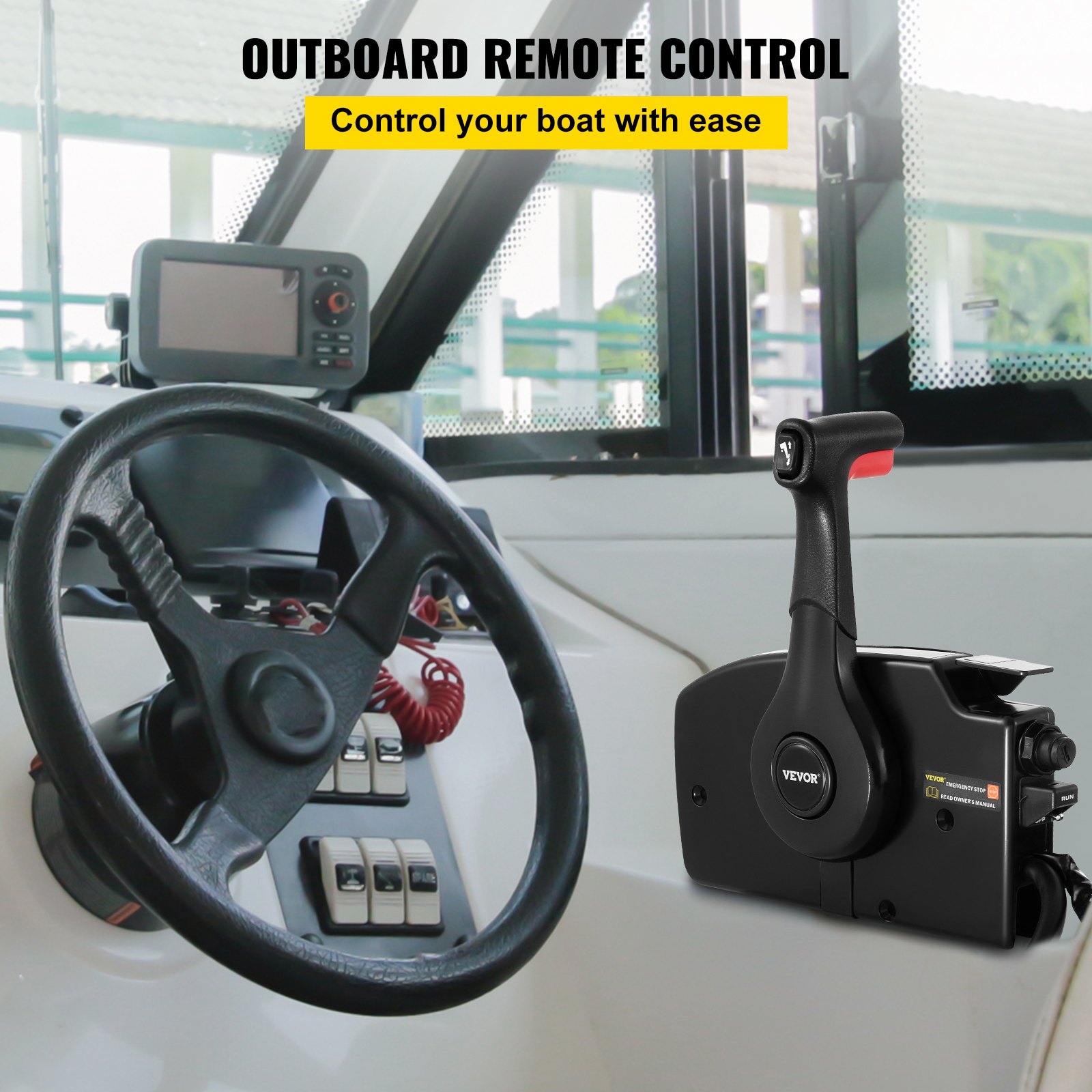 boat steering wheel with a VEVOR mercury remote control box and navigation device.