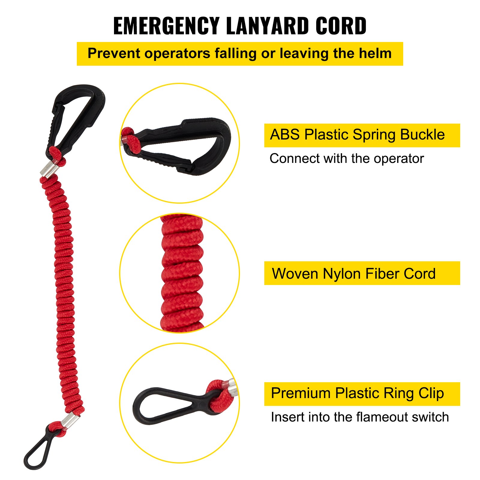 emergency lanyard cord with abs plastic spring buckle, woven nylon fiber cord, and ring clip.