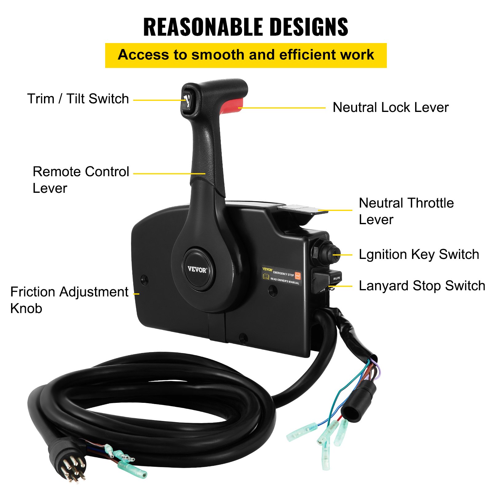 VEVOR mercury remote control box with labeled components and cable.