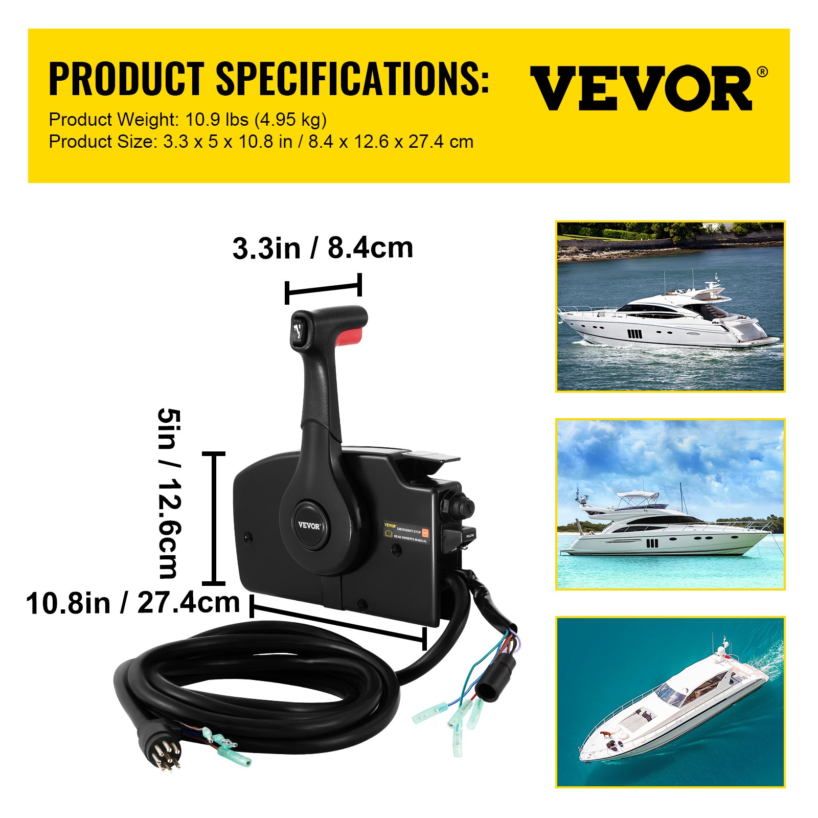 VEVOR mercury remote control box with dimensions and yachts in background.