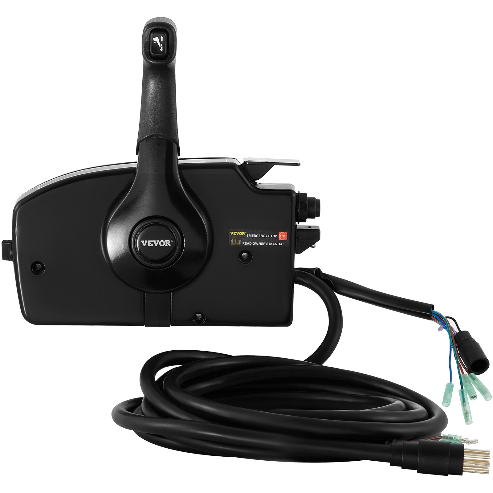 VEVOR mercury remote control box with wiring harness and emergency stop button.