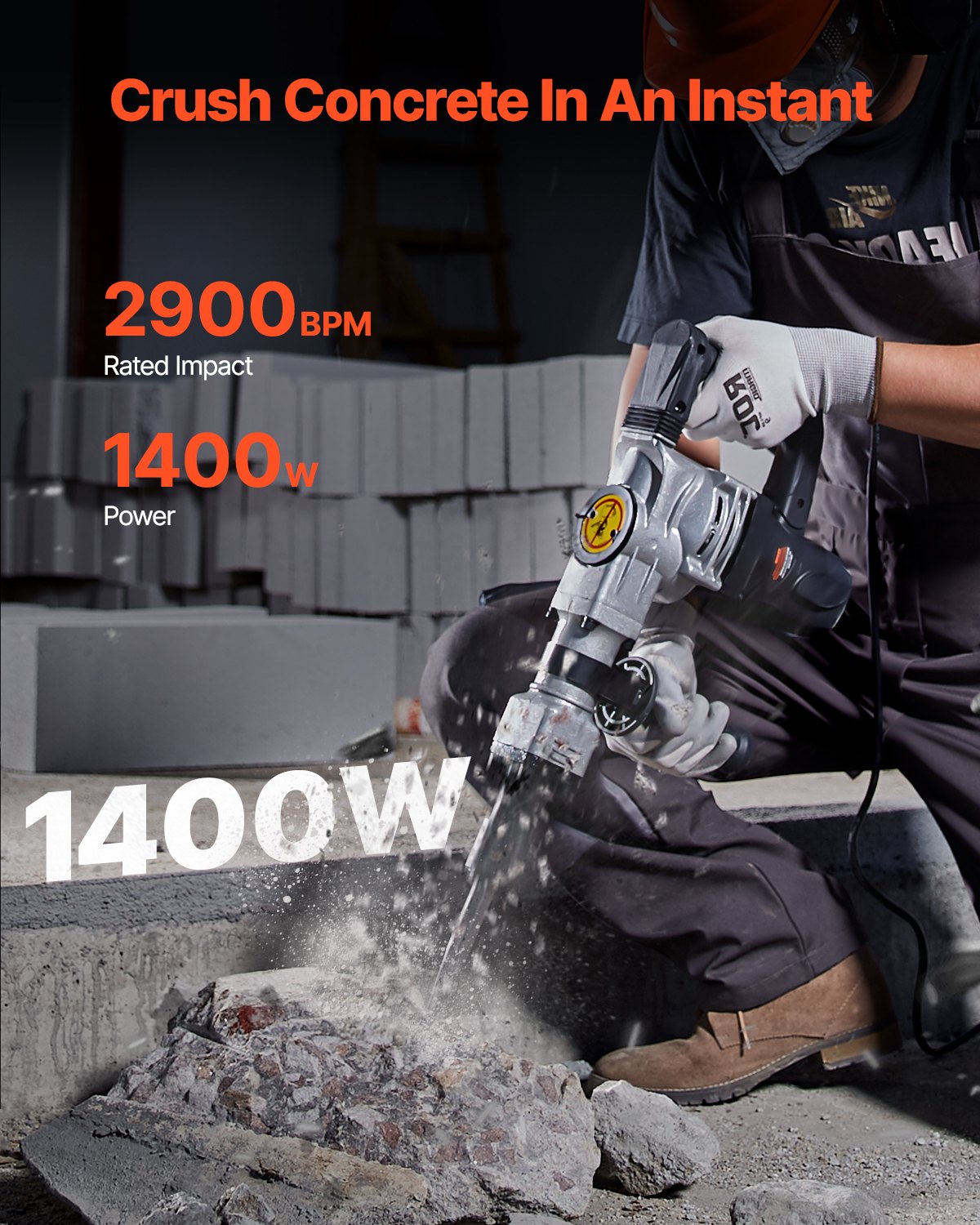 VEVOR Demolition Jack Hammer, 1400W Electric Jackhammer Heavy Duty, 2pcs Chisels Bits Chipping with Case, 2900 BPM Concrete Breaker, Gloves Black