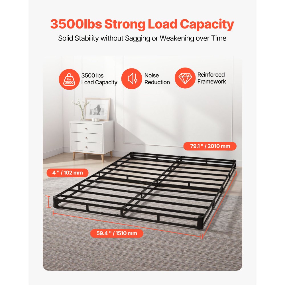 VEVOR Box Spring, Queen Size Bed Frame with Washable Fabric Cloth, Heavy Duty Metal Frame for Queen Bed, 102 mm Mattress Foundation, 1587.57 kg Max Weight Capacity, Easy Assembly, 2010 x 1510 x 102 mm
