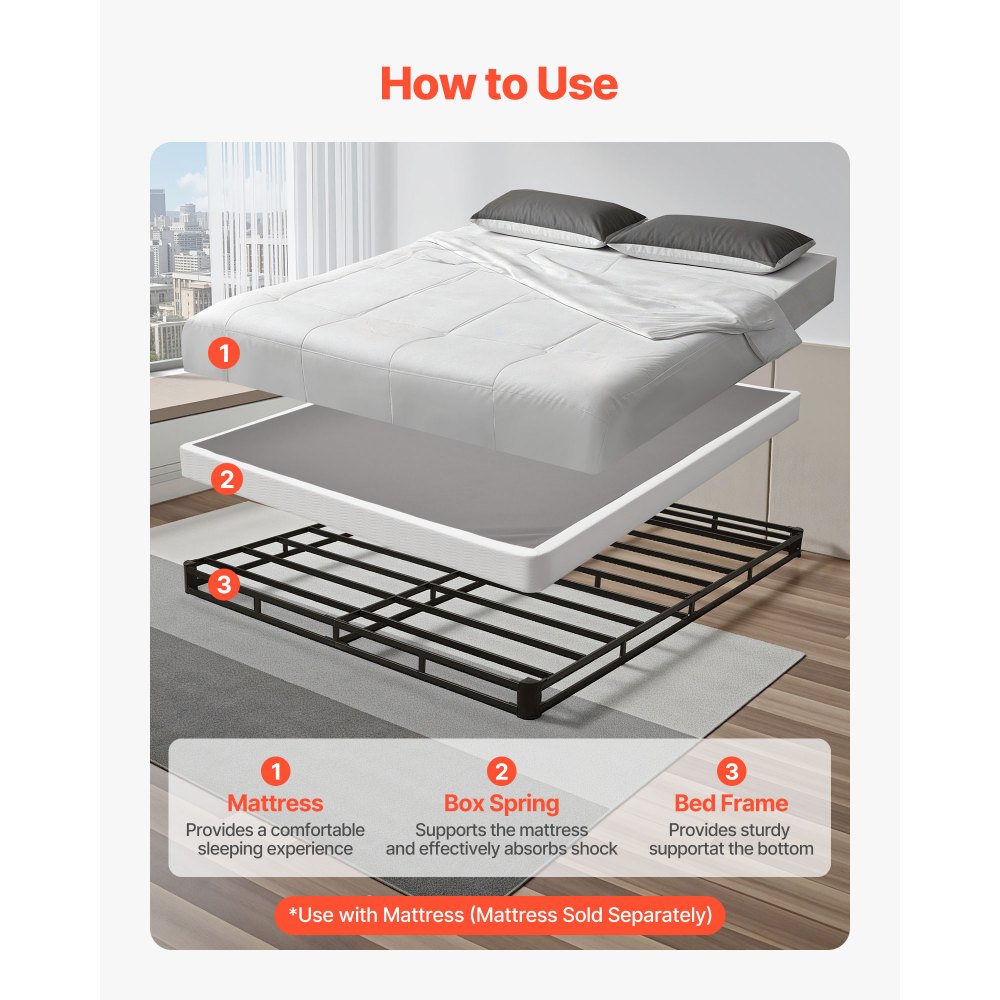VEVOR Box Spring, Queen Size Bed Frame with Washable Fabric Cloth, Heavy Duty Metal Frame for Queen Bed, 102 mm Mattress Foundation, 1587.57 kg Max Weight Capacity, Easy Assembly, 2010 x 1510 x 102 mm