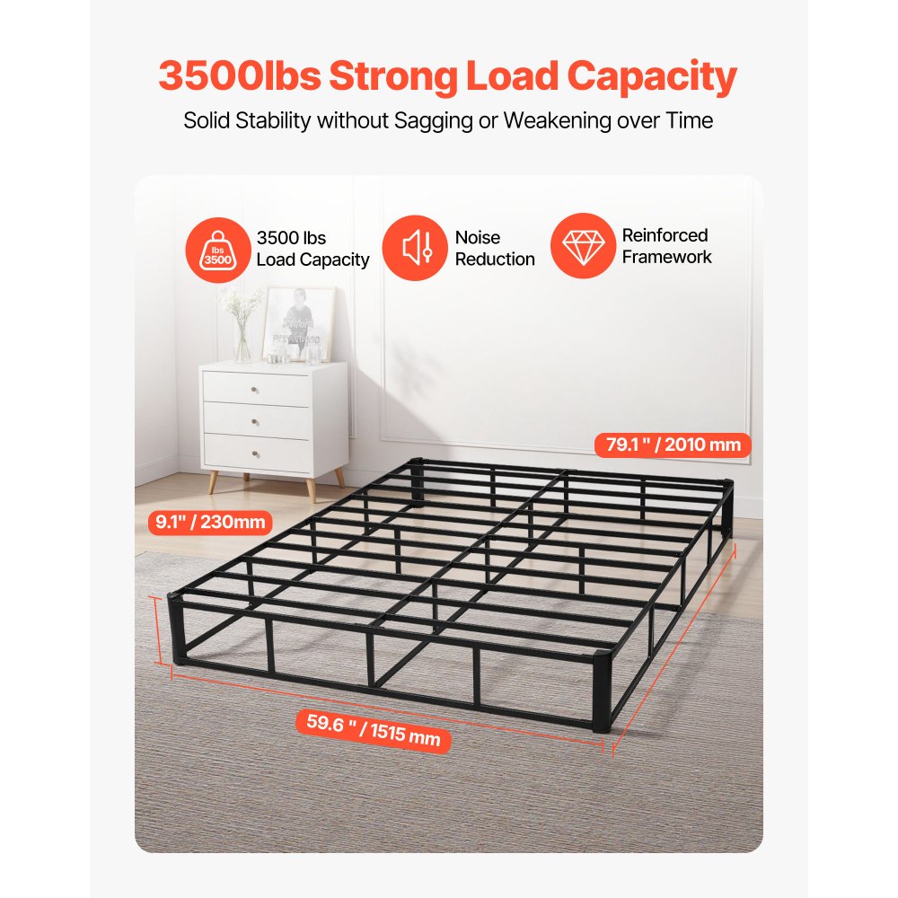 VEVOR Box Spring, Queen Size Bed Frame with Washable Fabric Cloth, Heavy Duty Metal Frame for Queen Bed, 230 mm Mattress Foundation, 3500 lbs Max Weight Capacity, Easy Assembly, 2010 x 1515 x 230 mm