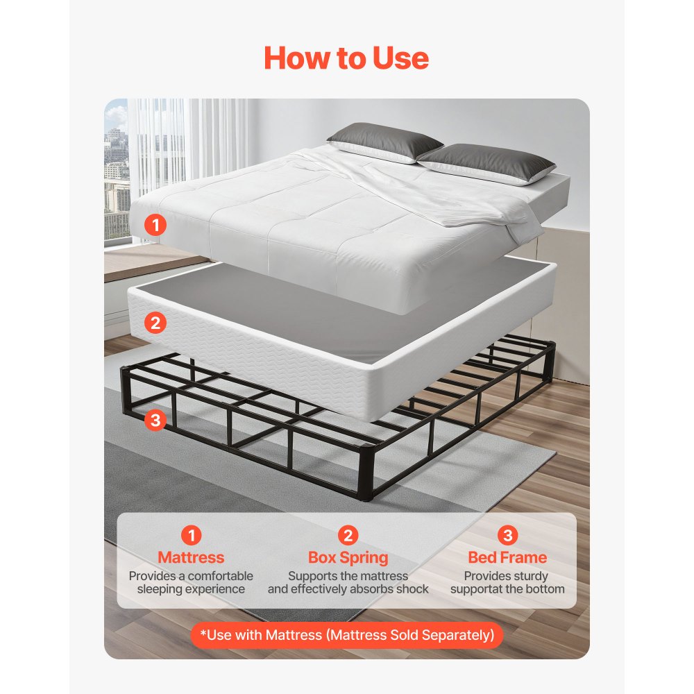 VEVOR Box Spring, Queen Size Bed Frame with Washable Fabric Cloth, Heavy Duty Metal Frame for Queen Bed, 230 mm Mattress Foundation, 3500 lbs Max Weight Capacity, Easy Assembly, 2010 x 1515 x 230 mm