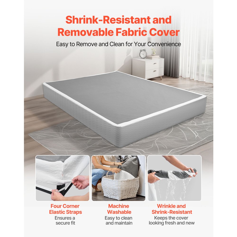 VEVOR Box Spring, Queen Size Bed Frame with Washable Fabric Cloth, Heavy Duty Metal Frame for Queen Bed, 230 mm Mattress Foundation, 3500 lbs Max Weight Capacity, Easy Assembly, 2010 x 1515 x 230 mm