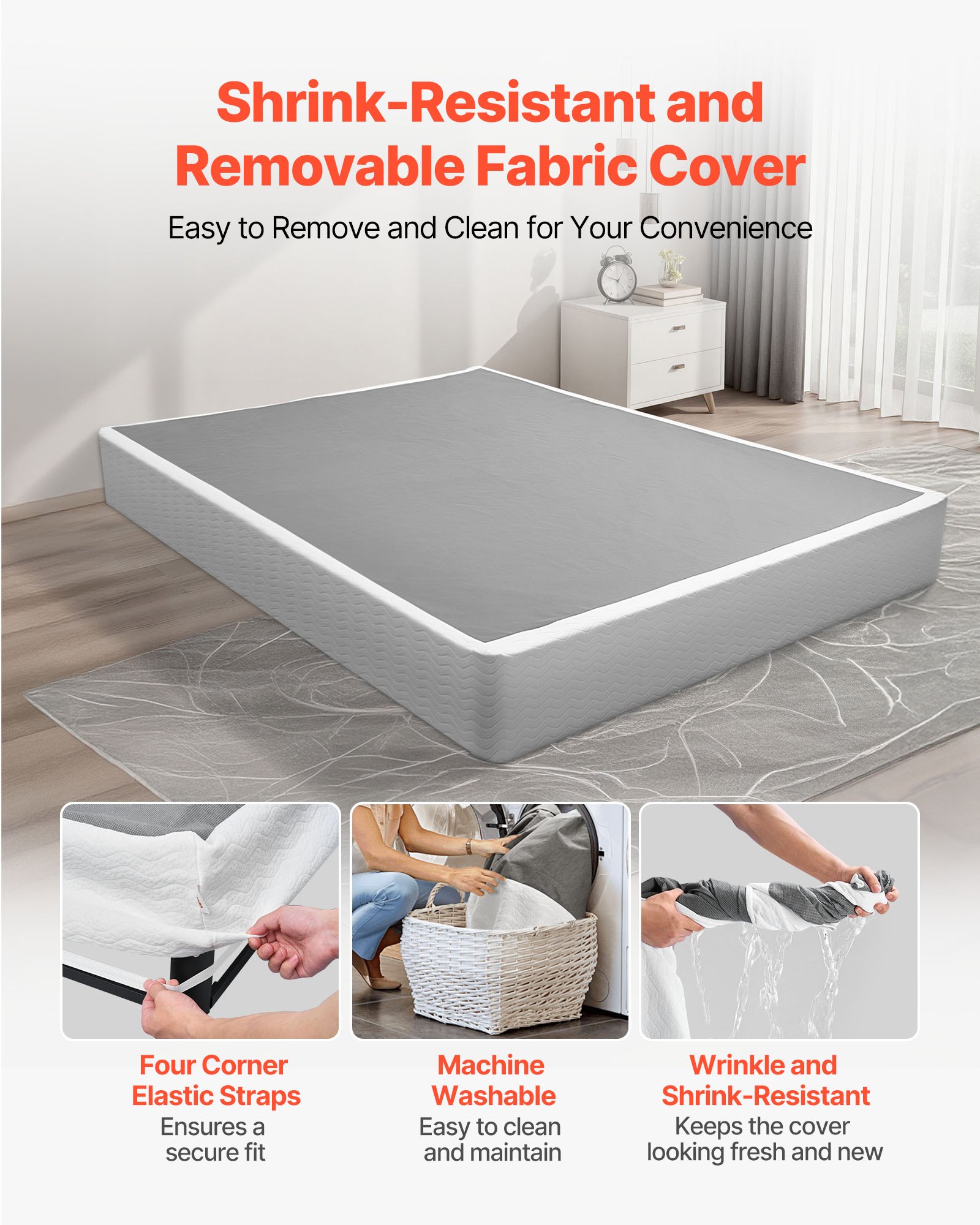 VEVOR Box Spring, Queen Size Bed Frame with Washable Fabric Cloth, Heavy Duty Metal Frame for Queen Bed, 230 mm Mattress Foundation, 3500 lbs Max Weight Capacity, Easy Assembly, 2010 x 1515 x 230 mm