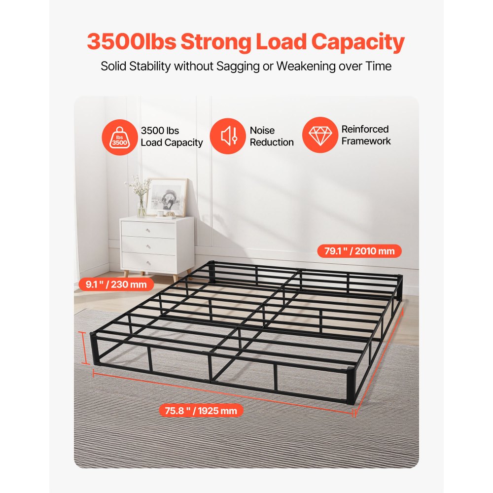 VEVOR Box Spring, King Size Bed Frame with Washable Fabric Cloth, Heavy Duty Metal Frame for King Bed, 230 mm Mattress Foundation, 1587.57 kg Max Weight Capacity, Easy Assembly, 2010 x 1925 x 230 mm