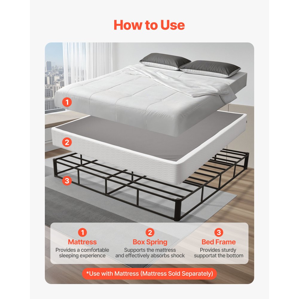 VEVOR Box Spring, King Size Bed Frame with Washable Fabric Cloth, Heavy Duty Metal Frame for King Bed, 230 mm Mattress Foundation, 1587.57 kg Max Weight Capacity, Easy Assembly, 2010 x 1925 x 230 mm