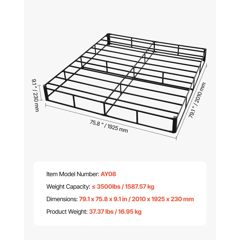 VEVOR Box Spring, King Size Bed Frame with Washable Fabric Cloth, Heavy Duty Metal Frame for King Bed, 230 mm Mattress Foundation, 1587.57 kg Max Weight Capacity, Easy Assembly, 2010 x 1925 x 230 mm