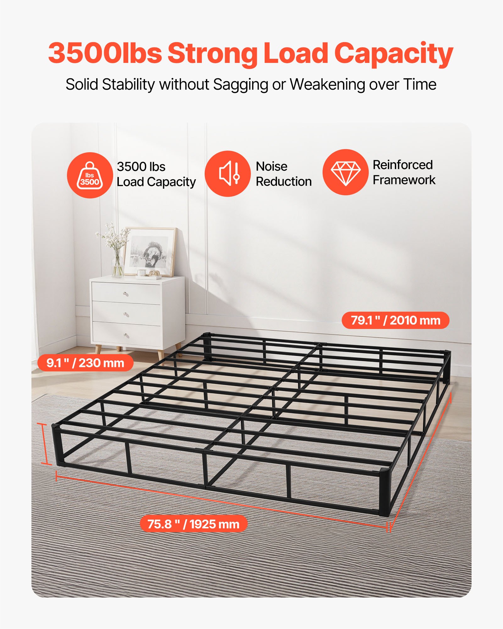VEVOR Box Spring, King Size Bed Frame with Washable Fabric Cloth, Heavy Duty Metal Frame for King Bed, 230 mm Mattress Foundation, 1587.57 kg Max Weight Capacity, Easy Assembly, 2010 x 1925 x 230 mm