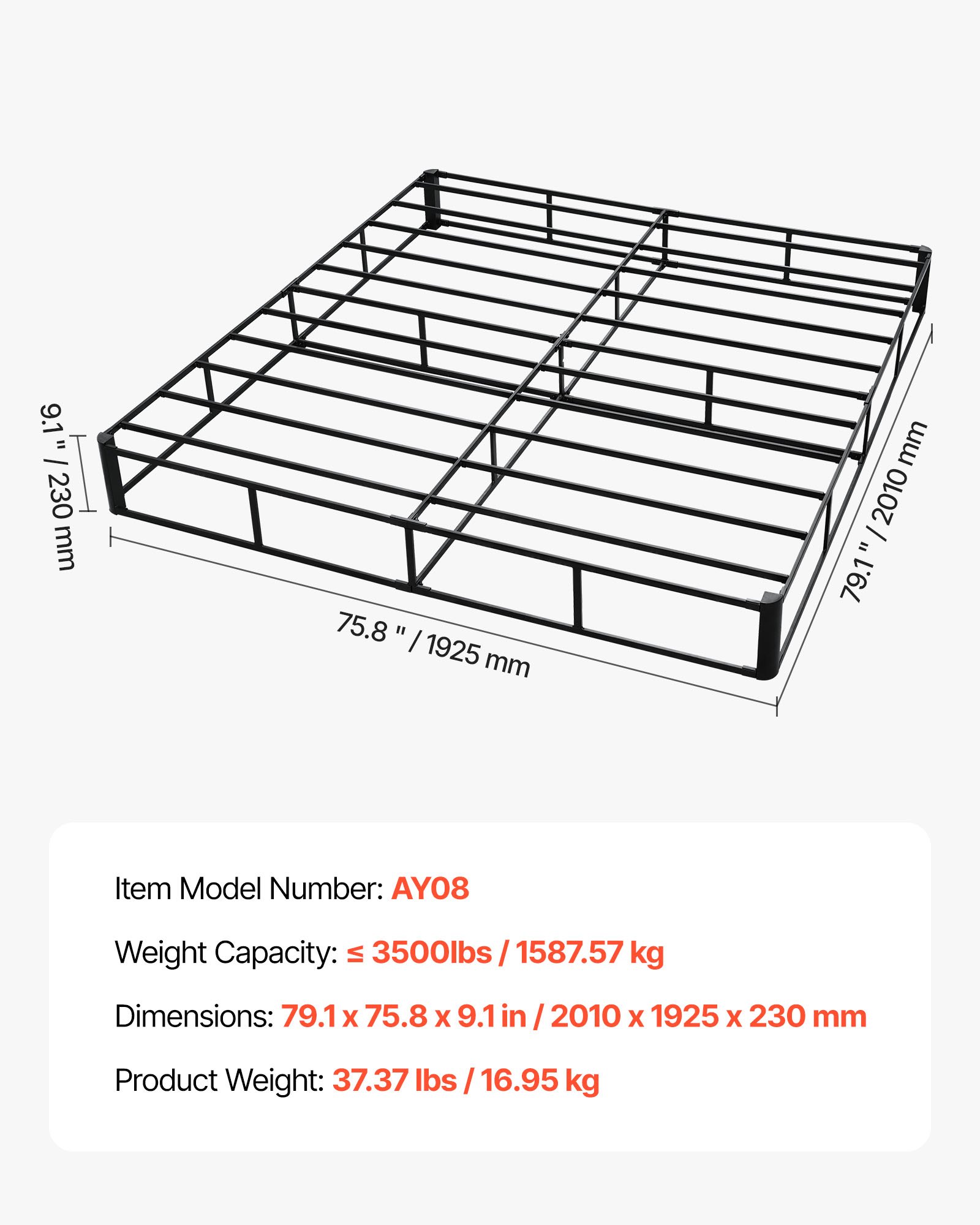VEVOR Box Spring, King Size Bed Frame with Washable Fabric Cloth, Heavy Duty Metal Frame for King Bed, 230 mm Mattress Foundation, 1587.57 kg Max Weight Capacity, Easy Assembly, 2010 x 1925 x 230 mm