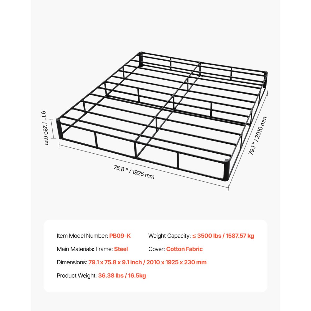 VEVOR Box Spring, King Size Bed Frame with Washable Fabric Cloth, Heavy Duty Metal Frame for King Bed, 9 in Mattress Foundation, 3500 lbs Max Weight Capacity, Easy Assembly, 79.1 L x 75.8 W x 9.1 H in