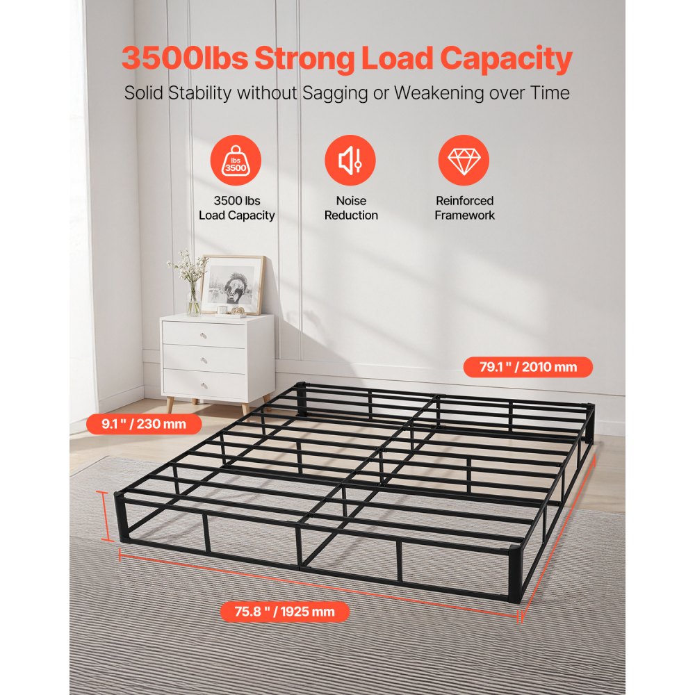VEVOR Box Spring, King Size Bed Frame with Washable Fabric Cloth, Heavy Duty Metal Frame for King Bed, 9 in Mattress Foundation, 3500 lbs Max Weight Capacity, Easy Assembly, 79.1 L x 75.8 W x 9.1 H in
