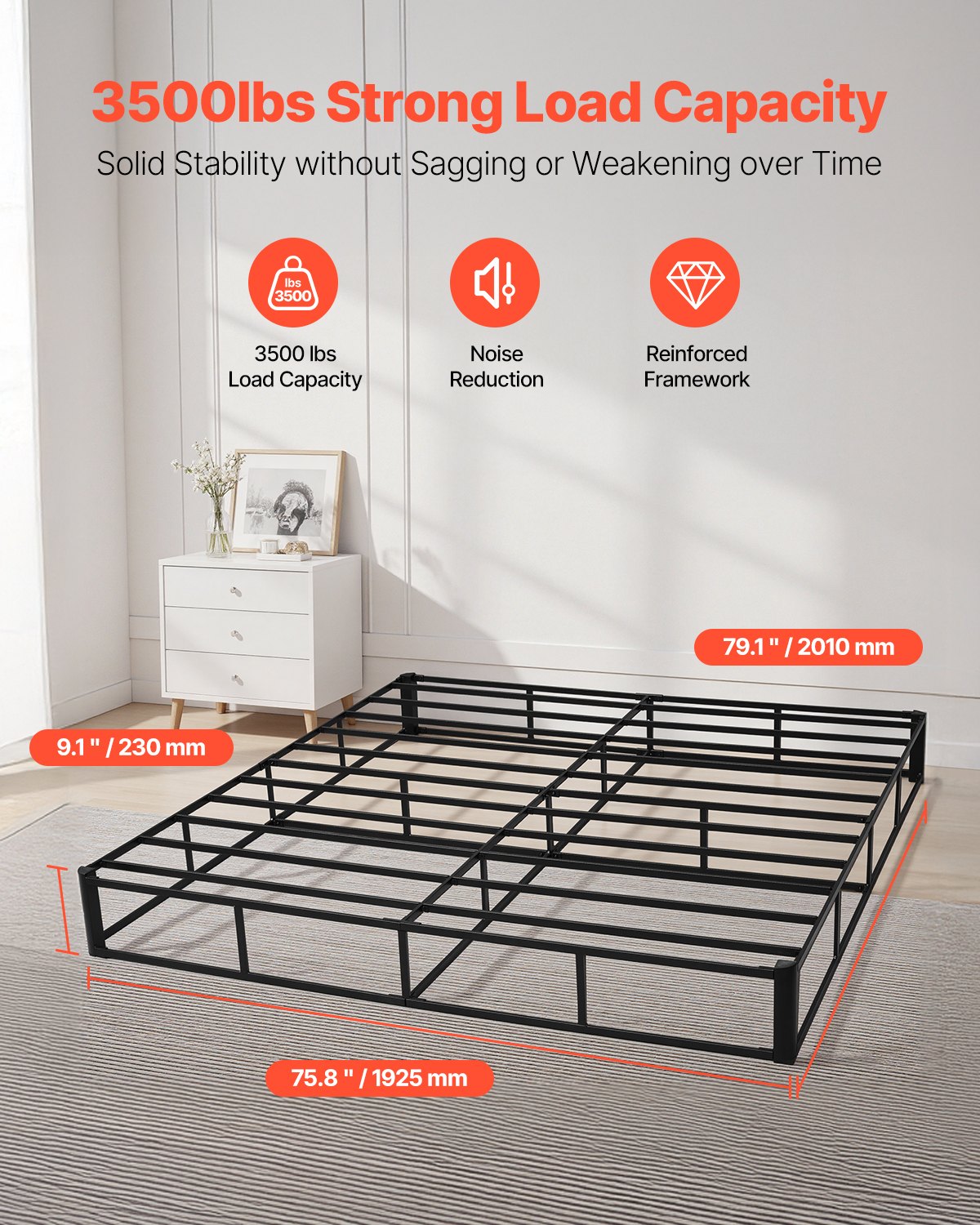 VEVOR Box Spring, King Size Bed Frame with Washable Fabric Cloth, Heavy Duty Metal Frame for King Bed, 9 in Mattress Foundation, 3500 lbs Max Weight Capacity, Easy Assembly, 79.1 L x 75.8 W x 9.1 H in