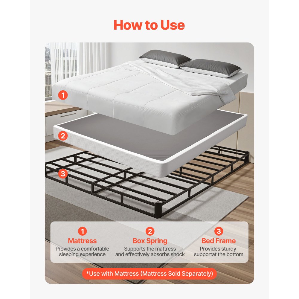 VEVOR Box Spring, Queen Size Bed Frame with Washable Fabric Cloth, Heavy Duty Metal Frame for Queen Bed, 5 in Mattress Foundation, 3500 lbs Max Weight Capacity, Easy Assembly, 79.1L x 59.6W x 5.1H in