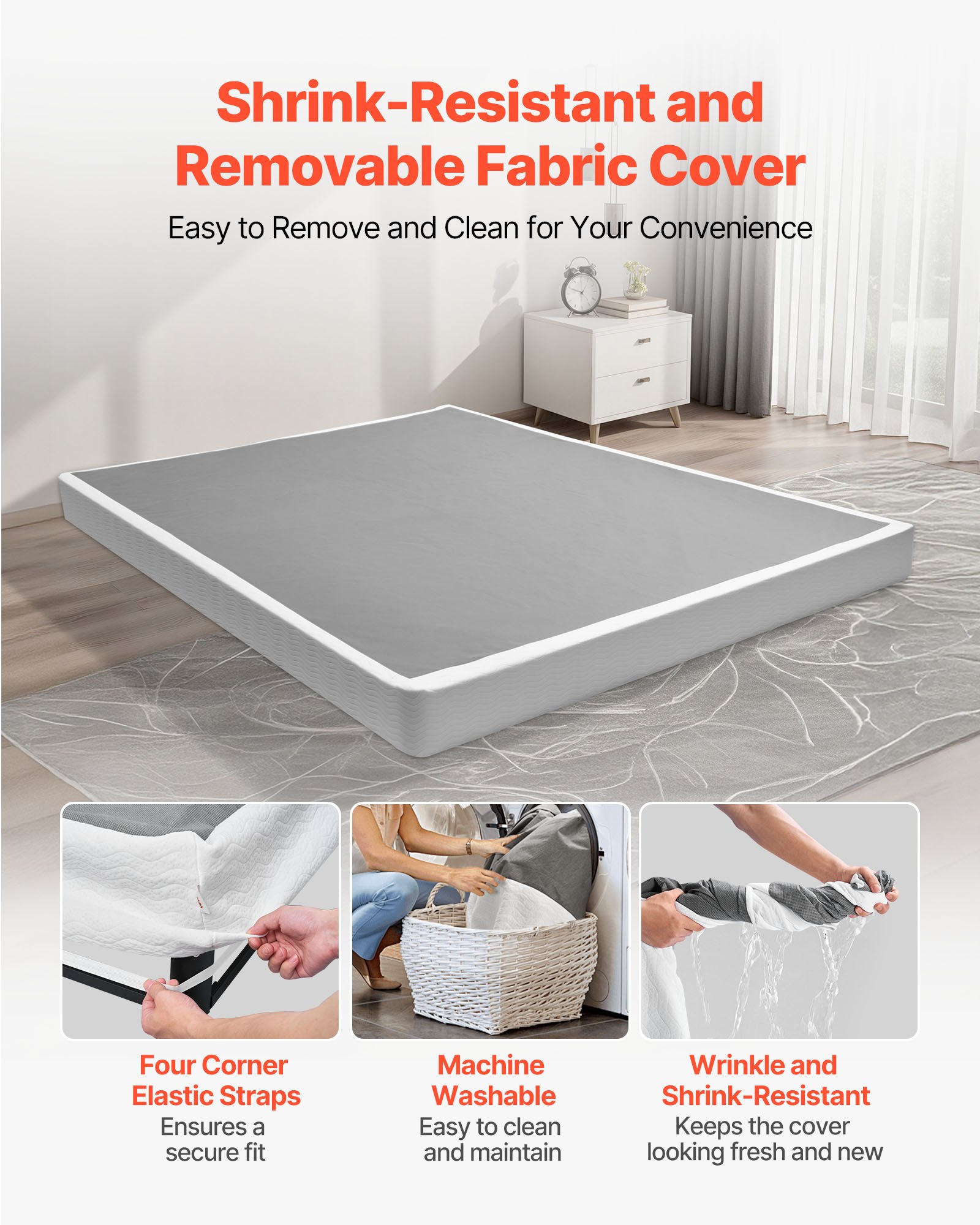 VEVOR Box Spring, Queen Size Bed Frame with Washable Fabric Cloth, Heavy Duty Metal Frame for Queen Bed, 5 in Mattress Foundation, 3500 lbs Max Weight Capacity, Easy Assembly, 79.1L x 59.6W x 5.1H in