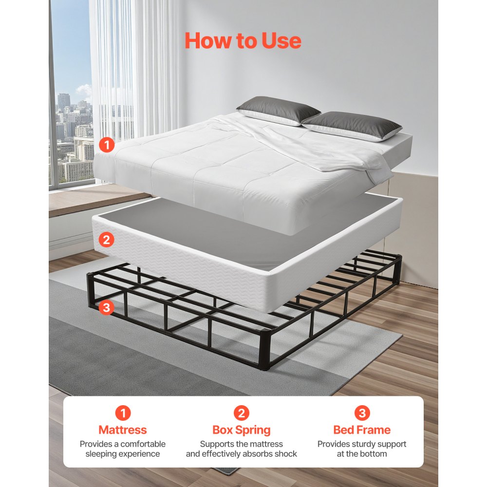 VEVOR Box Spring, Queen Size Bed Frame with Washable Fabric Cloth, Heavy Duty Metal Frame for Queen Bed, 9 in Mattress Foundation, 3500 lbs Max Weight Capacity, Easy Assembly, 79.1L x 59.6W x 9.1H in