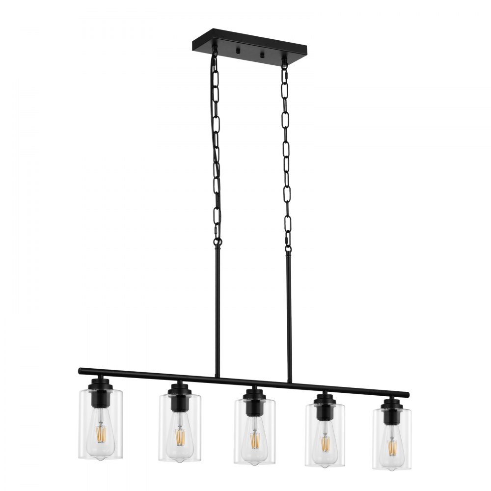 black VEVOR kitchen island pendant lights, featuring five clear glass bulb covers.