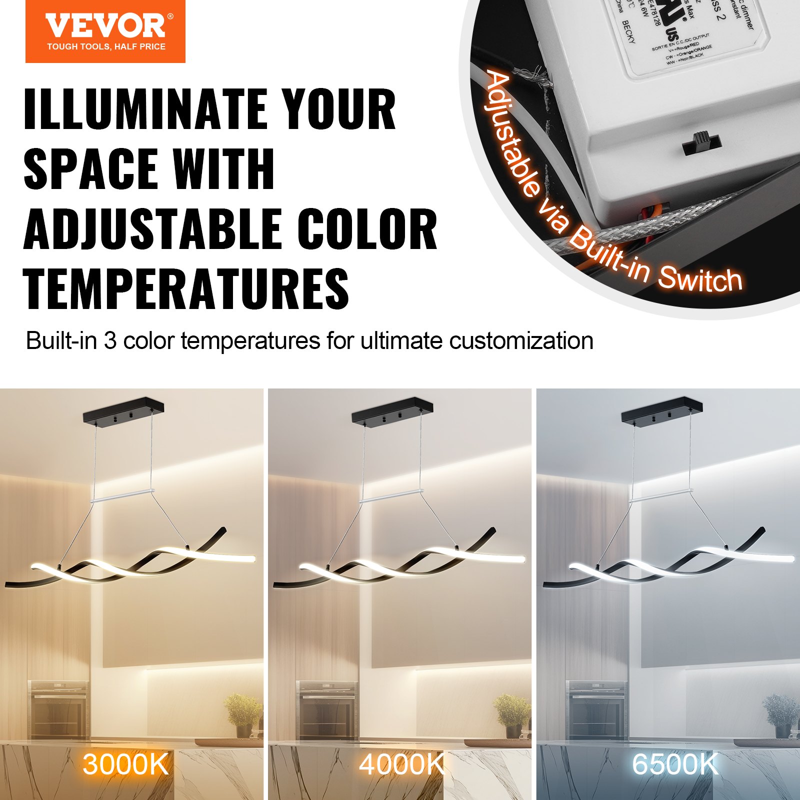 VEVOR Modern Chandelier Light Fixtures, 24W, Dimmable LED Pendant Light with Silicone Lampshade, 3000K / 4000K / 6500K Color Temperature Adjustable Ceiling Lamp, for Kitchen, Dining Room