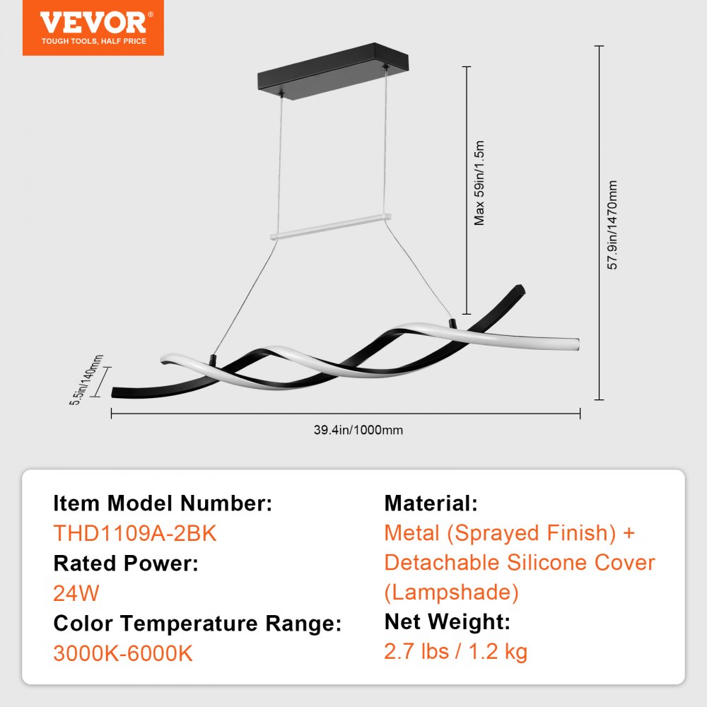 VEVOR Modern Chandelier Light Fixtures, 24W, Dimmable LED Pendant Light with Remote Control Silicone Lampshade, Adjustable 3000K-6000K Color Temperature Brightness Ceiling Lamp for Kitchen Dining Room
