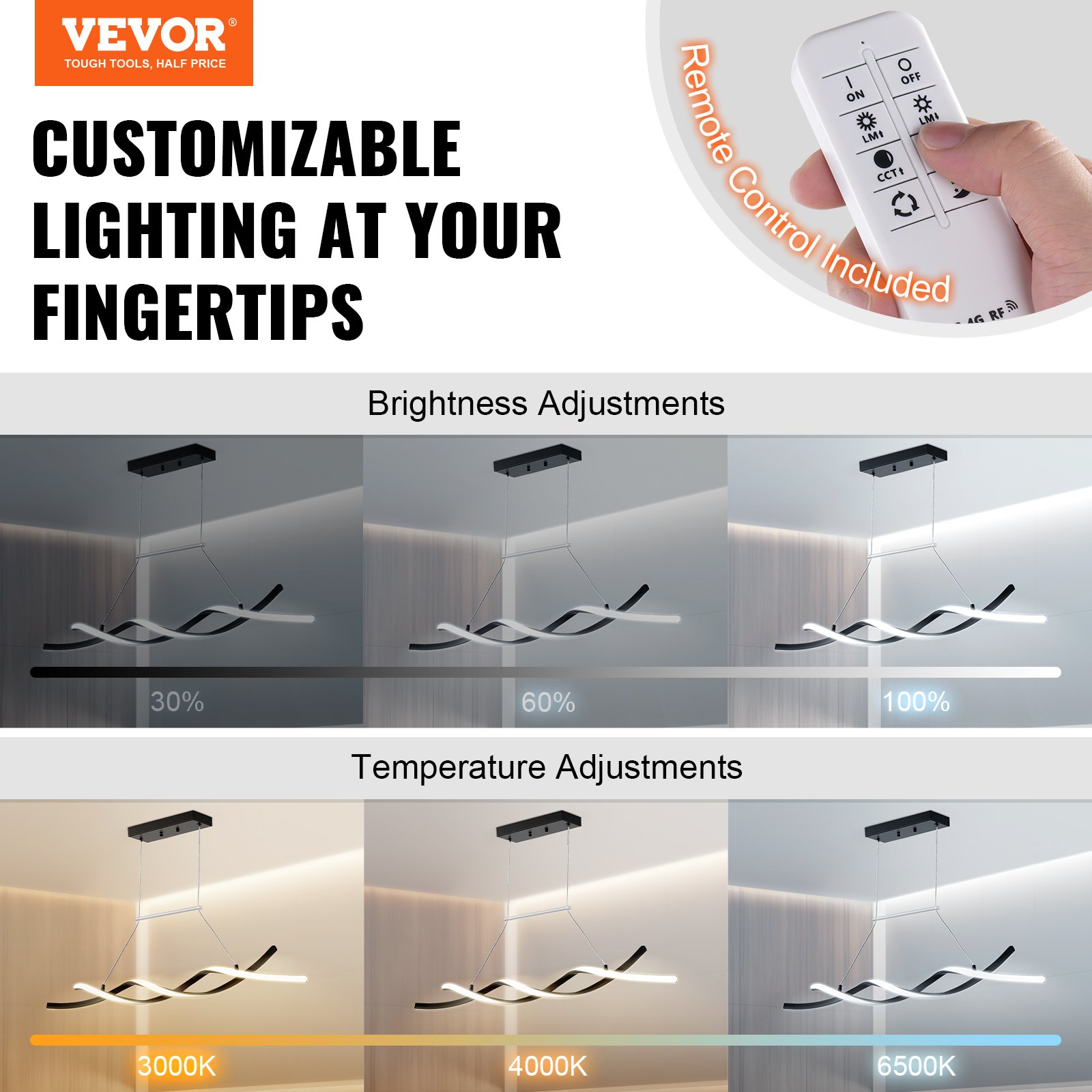 VEVOR Modern Chandelier Light Fixtures, 24W, Dimmable LED Pendant Light with Remote Control Silicone Lampshade, Adjustable 3000K-6000K Color Temperature Brightness Ceiling Lamp for Kitchen Dining Room
