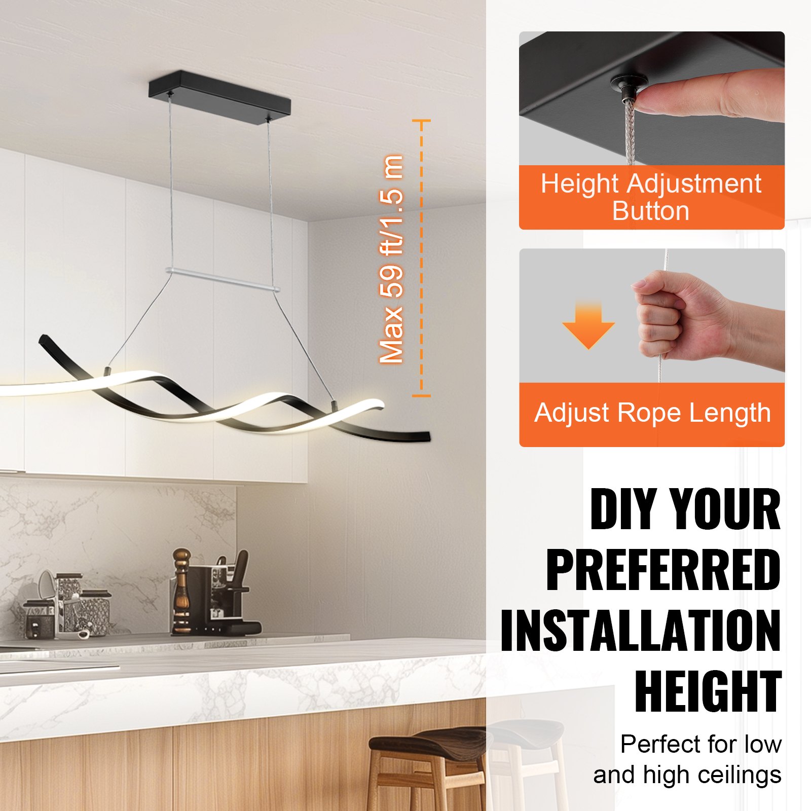 VEVOR Modern Chandelier Light Fixtures, 24W, Dimmable LED Pendant Light with Remote Control Silicone Lampshade, Adjustable 3000K-6000K Color Temperature Brightness Ceiling Lamp for Kitchen Dining Room