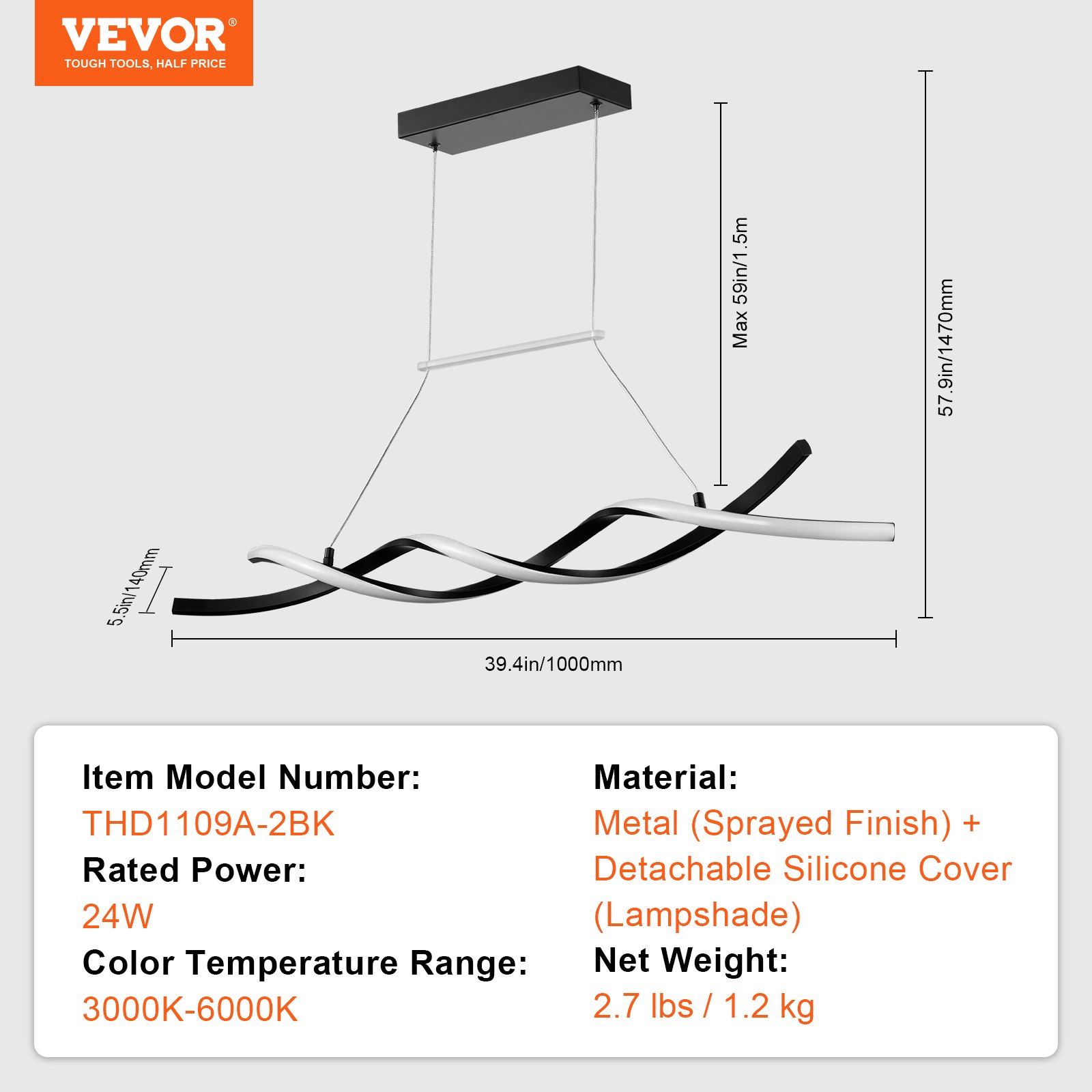 VEVOR Modern Chandelier Light Fixtures, 24W, Dimmable LED Pendant Light with Remote Control Silicone Lampshade, Adjustable 3000K-6000K Color Temperature Brightness Ceiling Lamp for Kitchen Dining Room